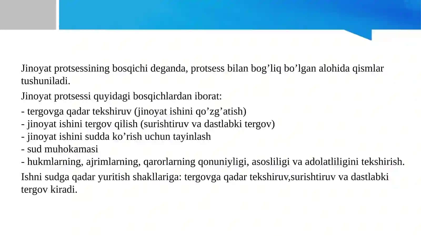 Jinoyat-protsessual  qonunchiligining vazifalari, vaqt va hudud bo’yicha amal qilishi hamda jinoyat-protsessual qonunchiligining ajnabiy fuqarolarga va fuqaroligi bo’lmagan  shaxslarga nisbatan amal qilishi masalalarini muho 3