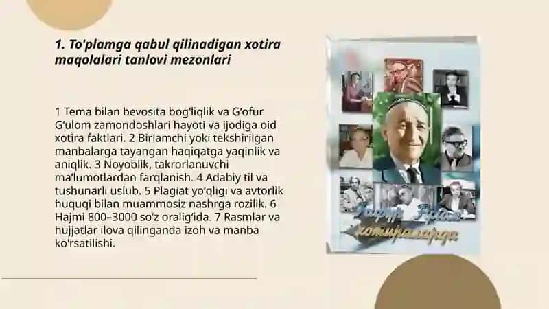 G'ofur G'ulom zamondoshlari xotirasida to'plami tahriri 3