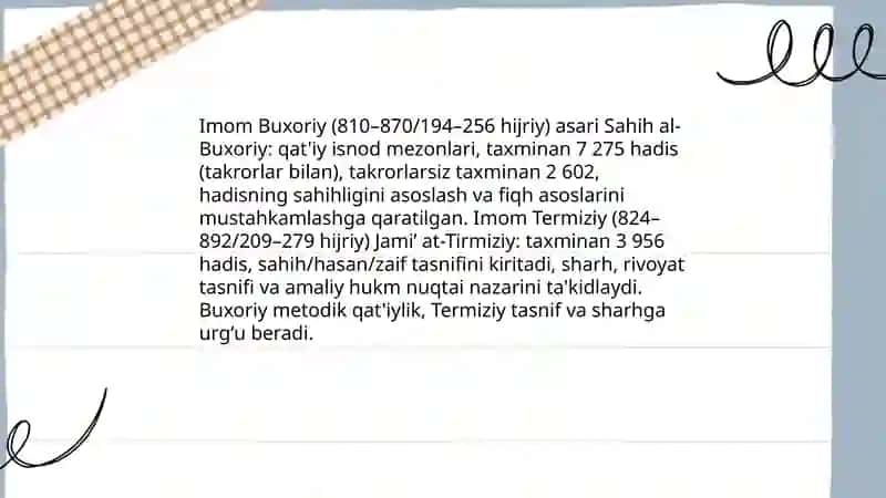 Imom Buxoriy va Imom Termiziyning hadis ilmiga qo'shgan hissalarini qiyosiy tahlili 3