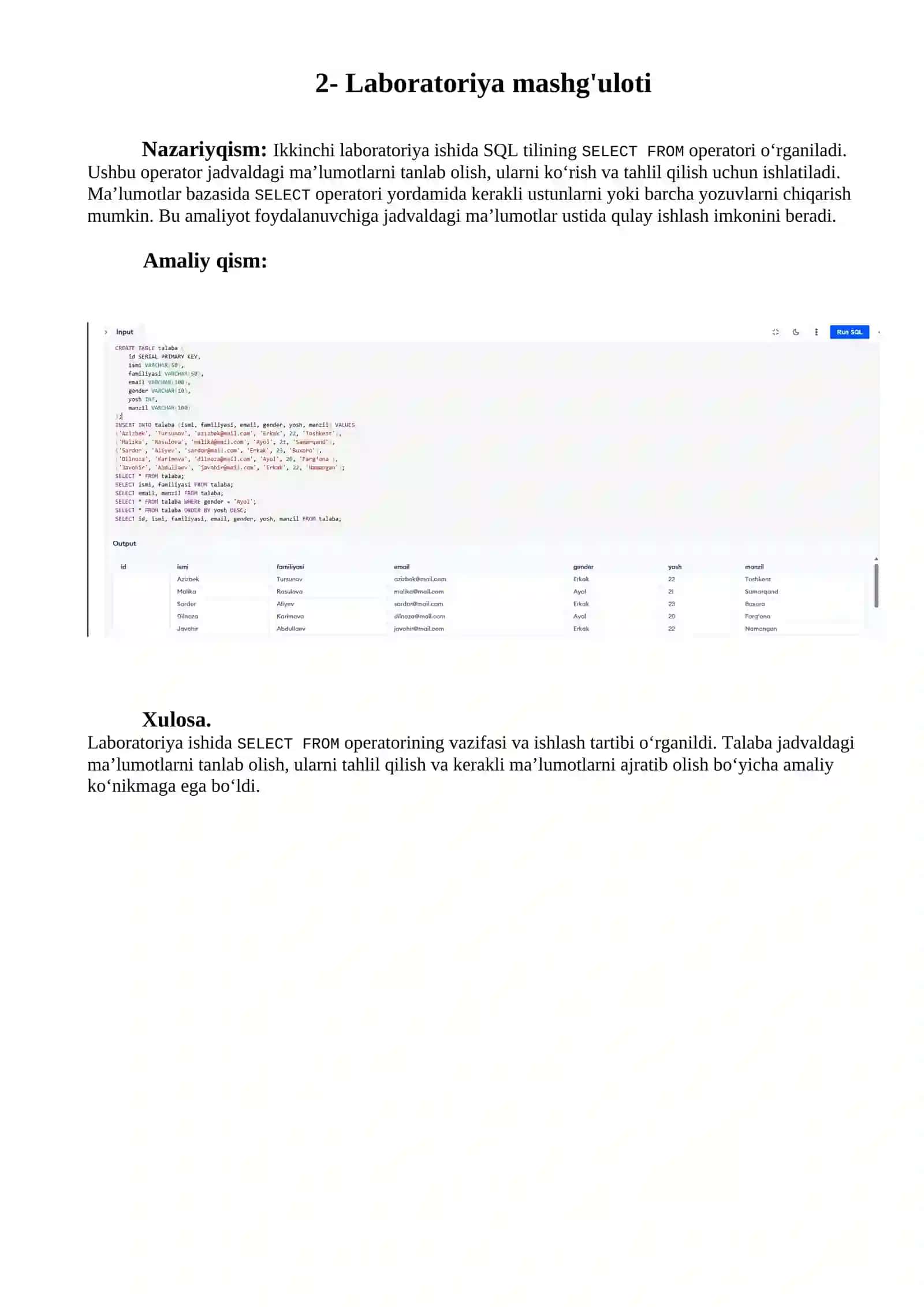 SQL Tilida Ma'lumotlar Bazasi Laboratoriya Mashg'uloti 3