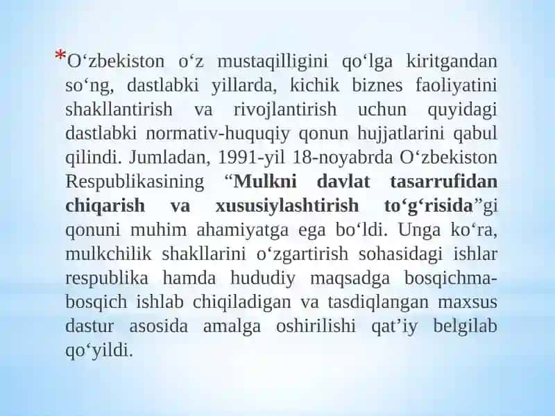 O‘zbekistonda iqtisodiy islohotlarning amalga oshirilishi, bozor munosabatlarining shakllanishi 3