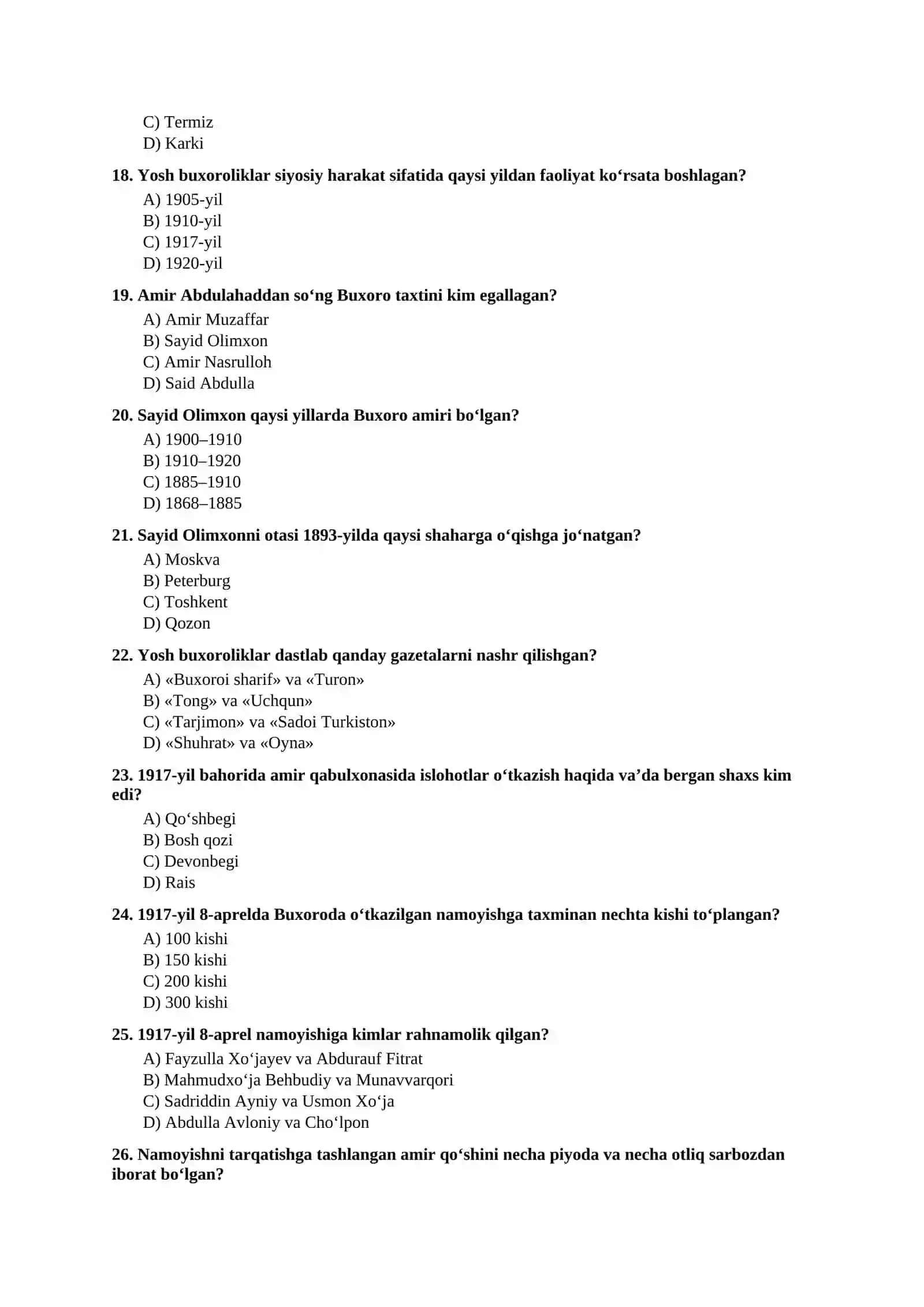 Mavzulashtirilgan testlar | 9-SINF O‘ZBEKISTON TARIXI VIII boʻlim 3