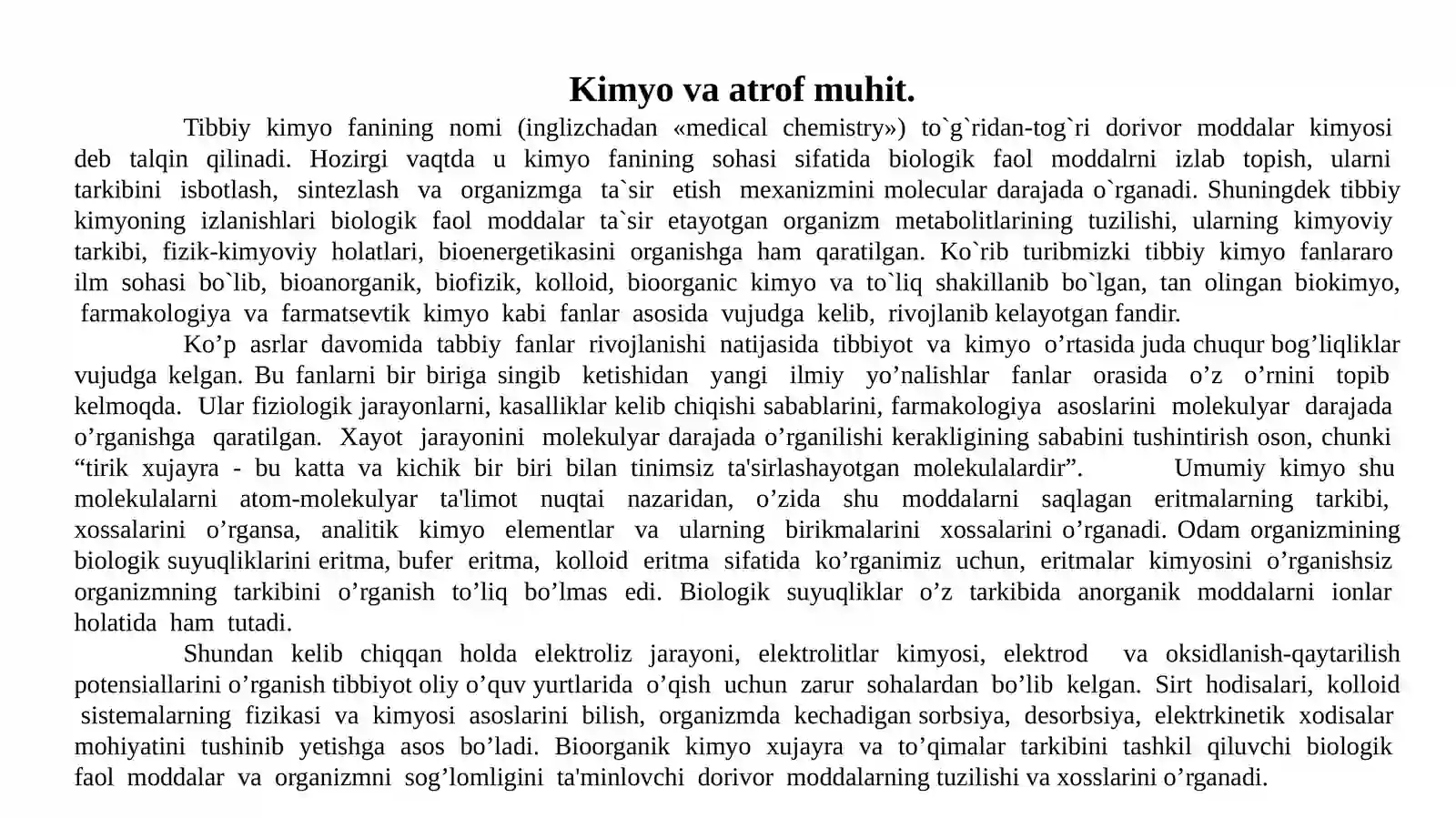 Tibbiy  kimyoga  kirish.  Kimyo  va  atrof  muhit.  Biogen  elementlar. 3