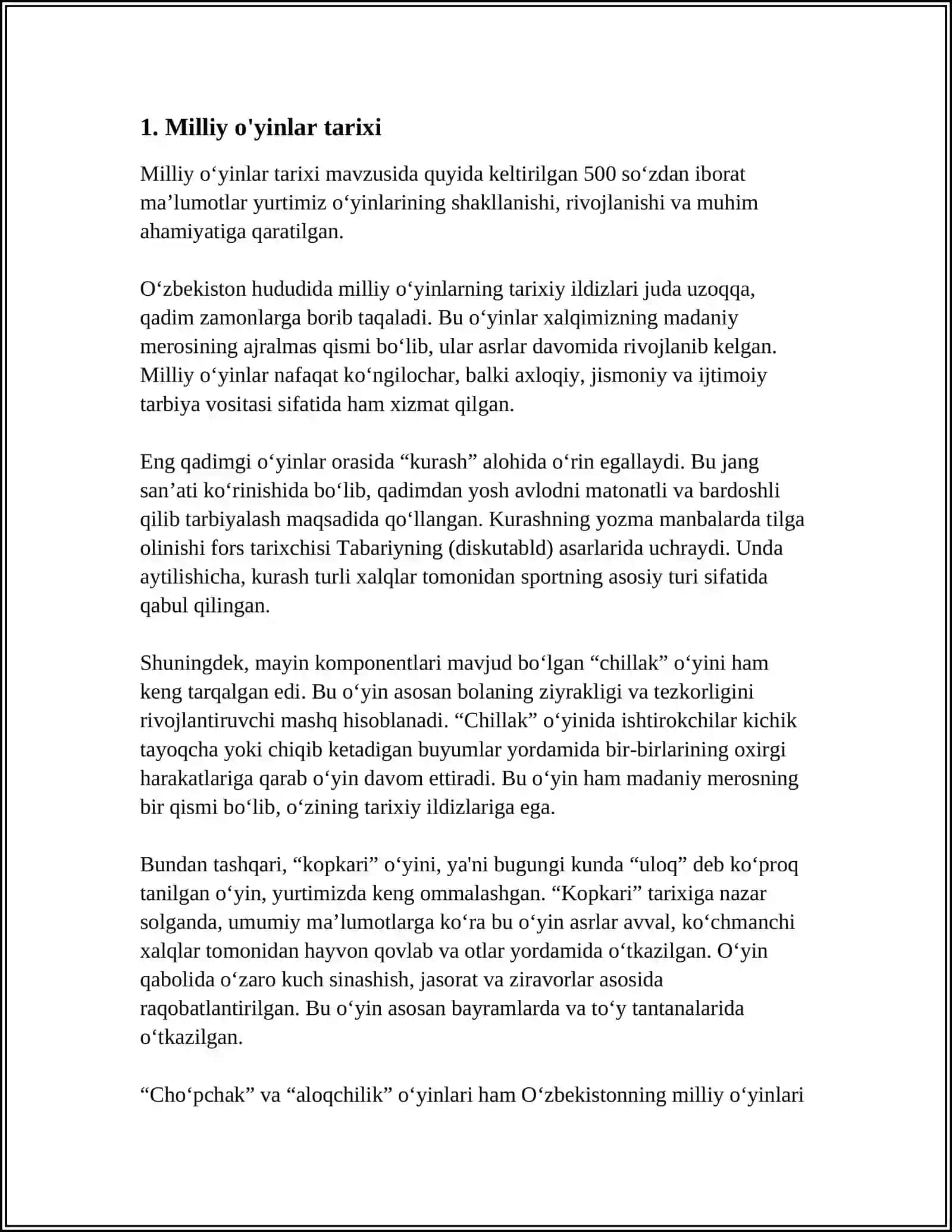 MILLIY VA HARAKATLI OʻYINLAR TARIXI VA QISQACHA TUSHUNCHA, TURKUMLARI, RIVOJLANTIRISH BOSQICHLAR VA PEDAGOGIK AHAMIYATI 3