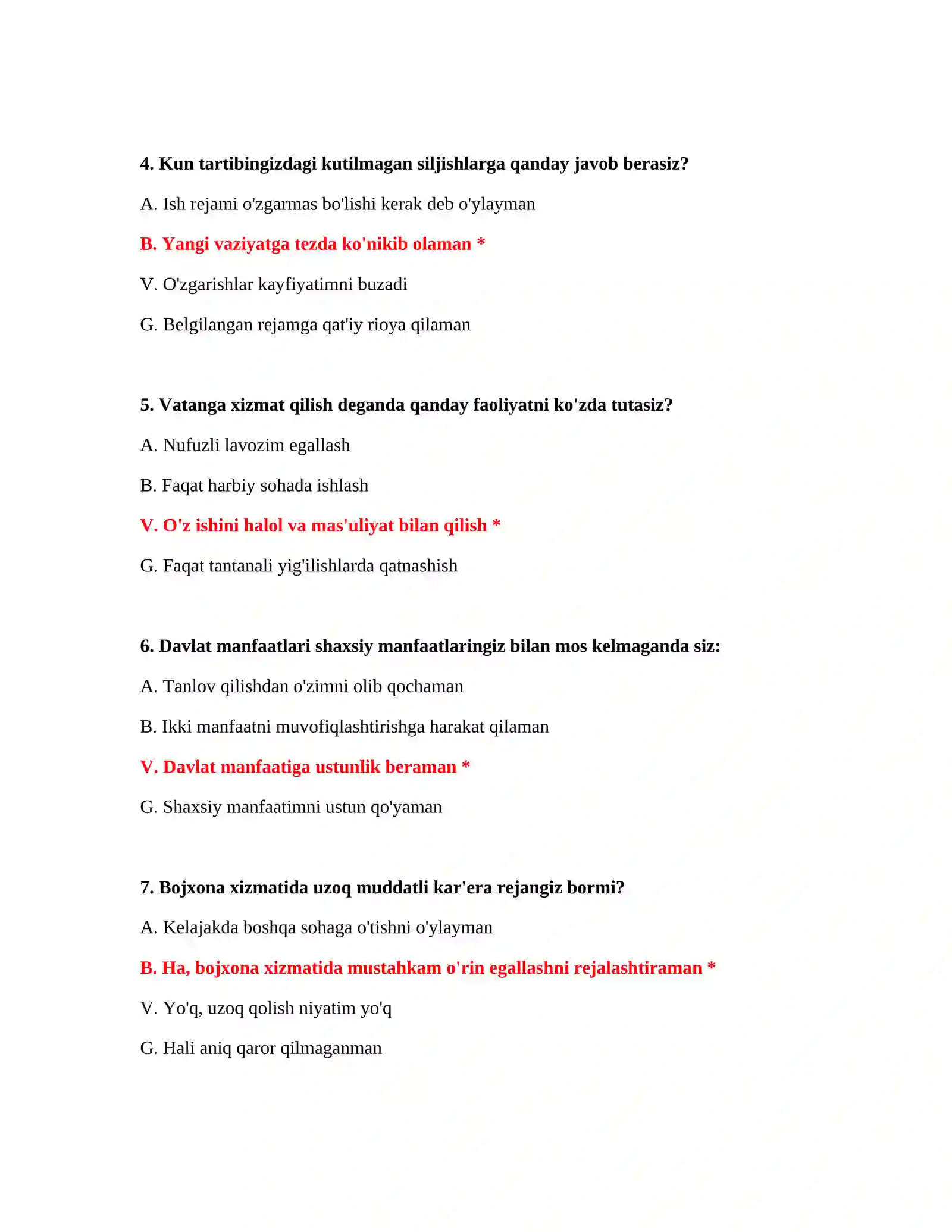 Bojxona psixologik test savollari va javoblari 3