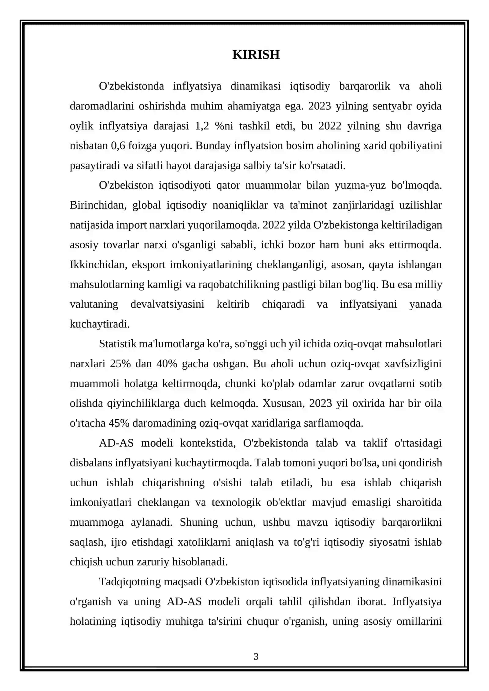 «O'zbekistonda inflyatsiya dinamikasi va AD-AS modeliga mosligi» KURS ISHI 3