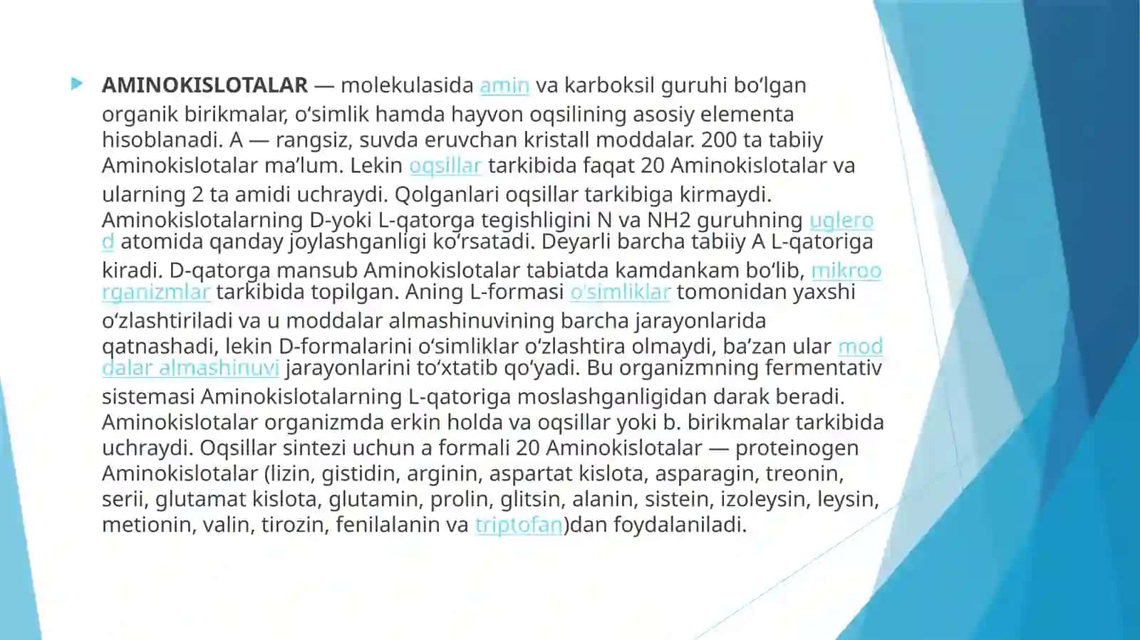 Aminokislota va oqsillarning kimyoviy va tibbiy biologik xossalari 3