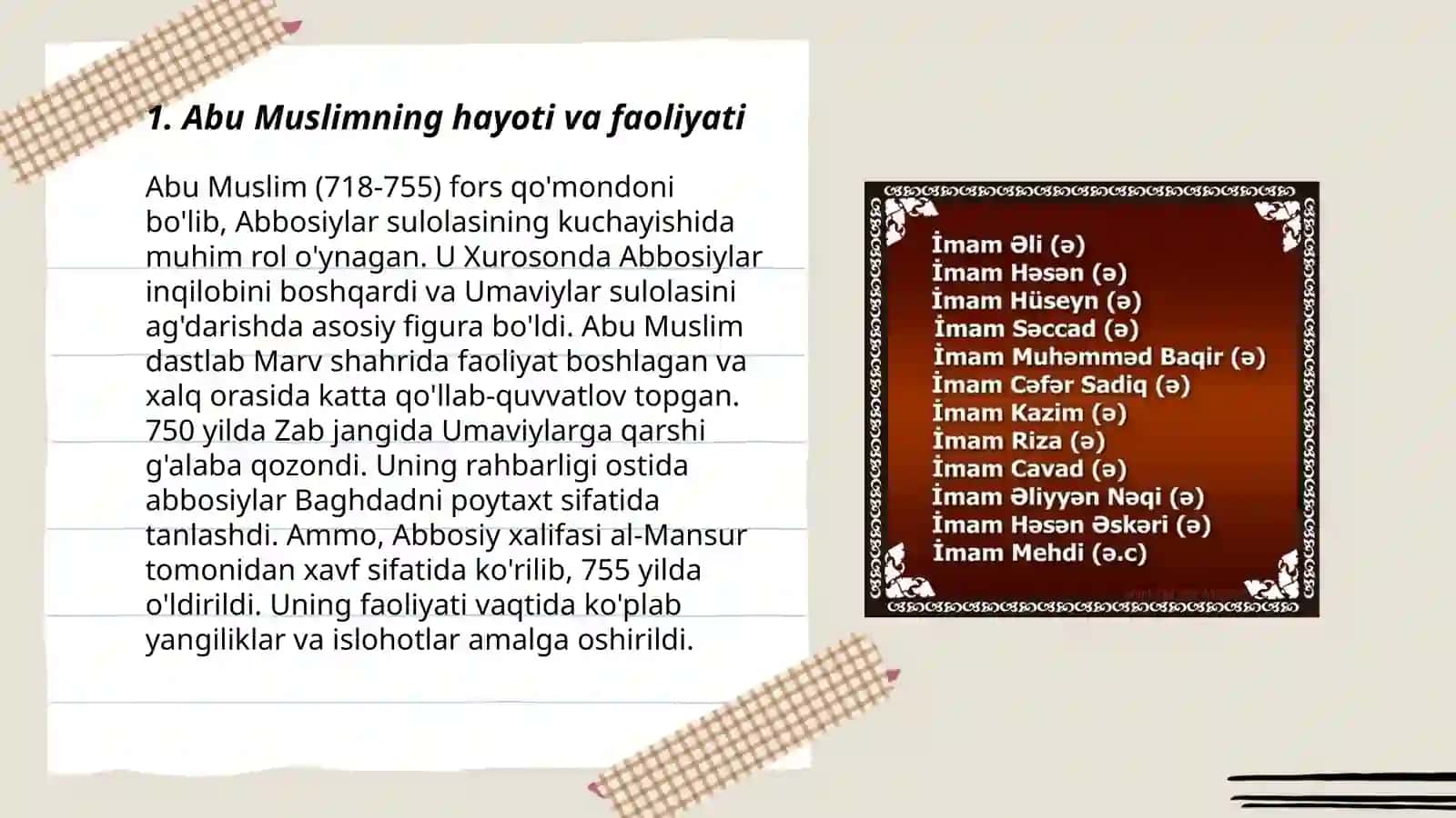 Abu Muslim va Imom Termiziyning ilmiy ijodiy merosi haqida taqdimot taxlab ber 3