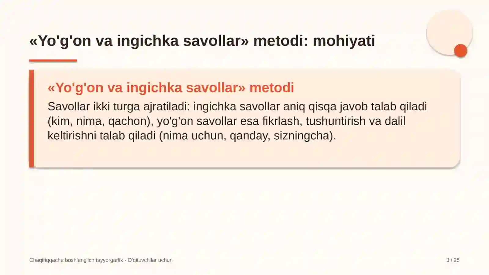 chaqiriqqacha boshlang'ich tayyorgarlik darslarida yo'g'on va ingichka savollar metodidan foydalanish 6529 3