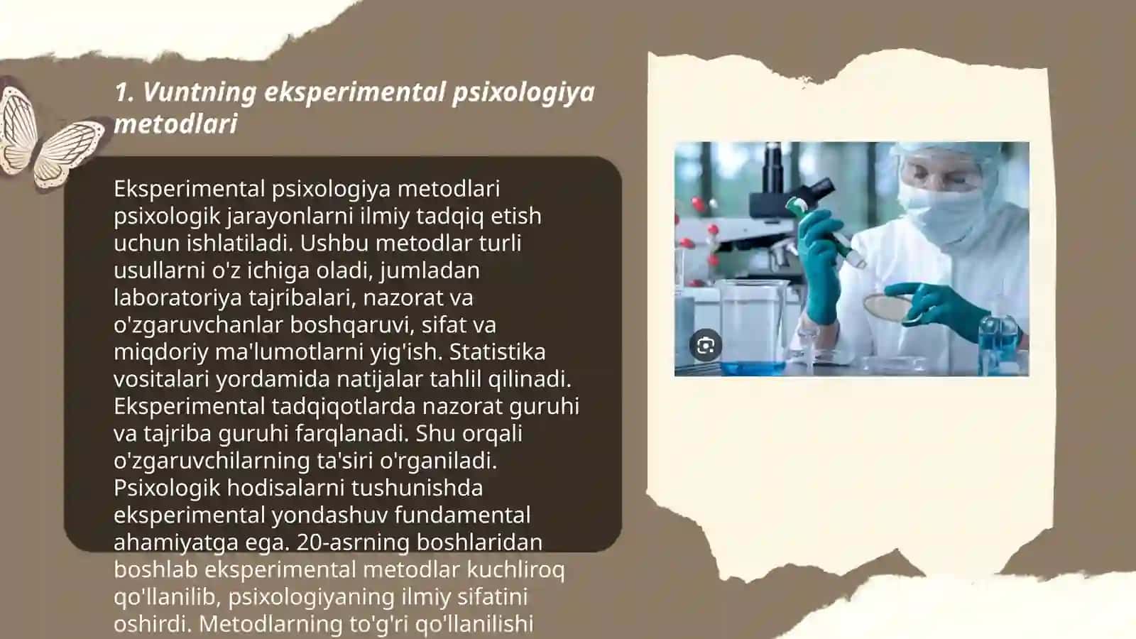 V. Vuntning eksprimental psixologiya va yo'nalishlariga doir amaliy izlanishlarning moxiyati va E Titchenerning laboratoriya metodlari 3