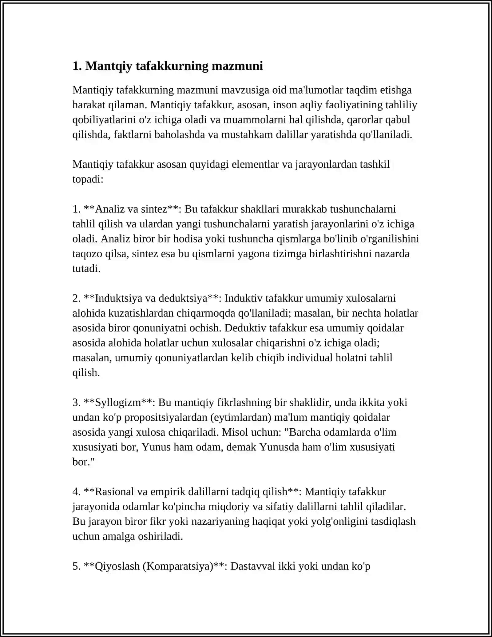 MUSTAQIL ISH Mavzu: TAFAKKURNING MANTIQIY SHAKLLARI VA QONUNLARI 3