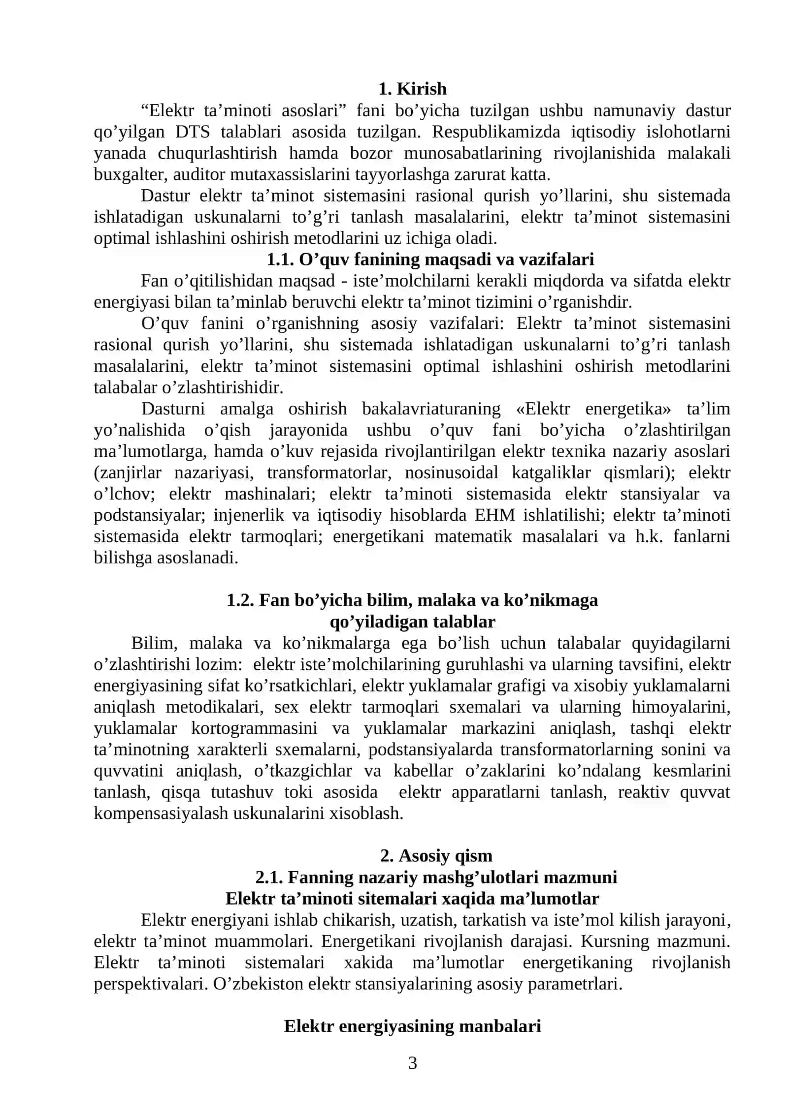 ELEKTR TA’MINOTI ASOSLARI FAN DASTURI 3