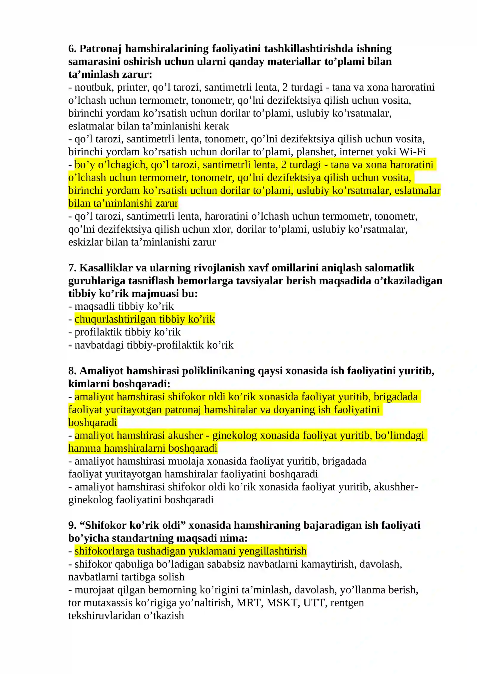 HAMSHIRALIK ISHI (PATRONAJ HAMSHIRALARI) MUTAXASSISLIGI BO’YICHA SHAKLLANTIRILGAN TEST SAVOLLARI RO’YXATI 3