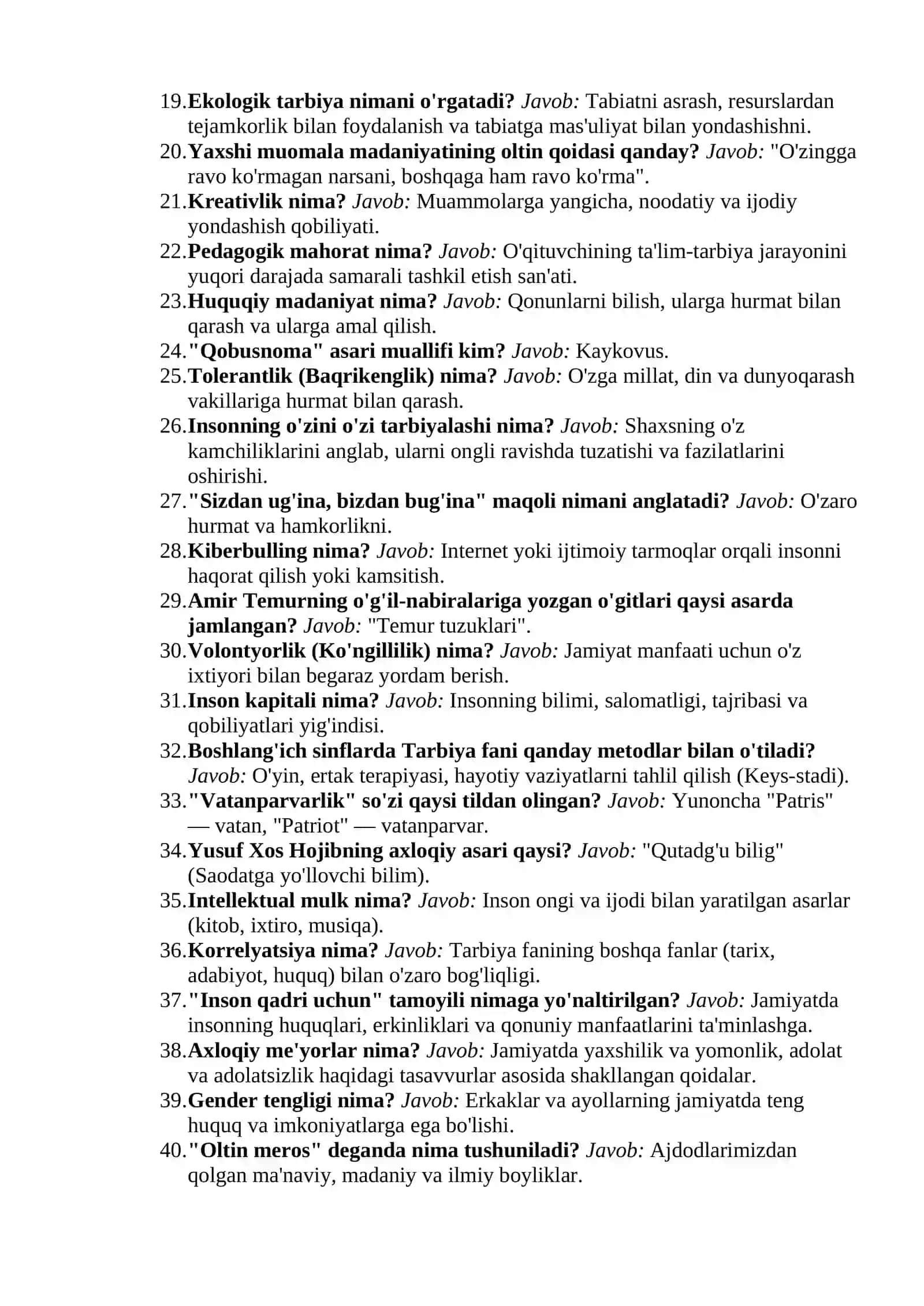 Tarbiya fani: Milliy sertifikat va Attestatsiya savollari. Yangi Test 2026 (500 ta savol-javob) 3