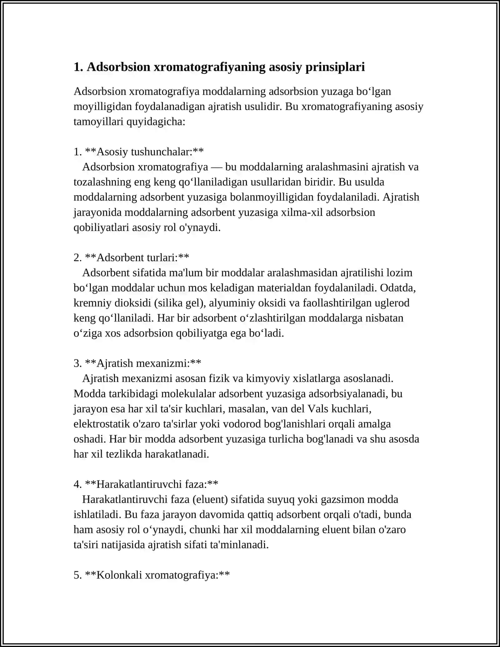 ADSORBSION XROMATOGRAFIYA. ION ALMASHINUV XROMATOGRAFLARI. QOGʻOZ XROMATOGRAFIYASI.QOLDIQLI XROMATOGRAFIYA 3