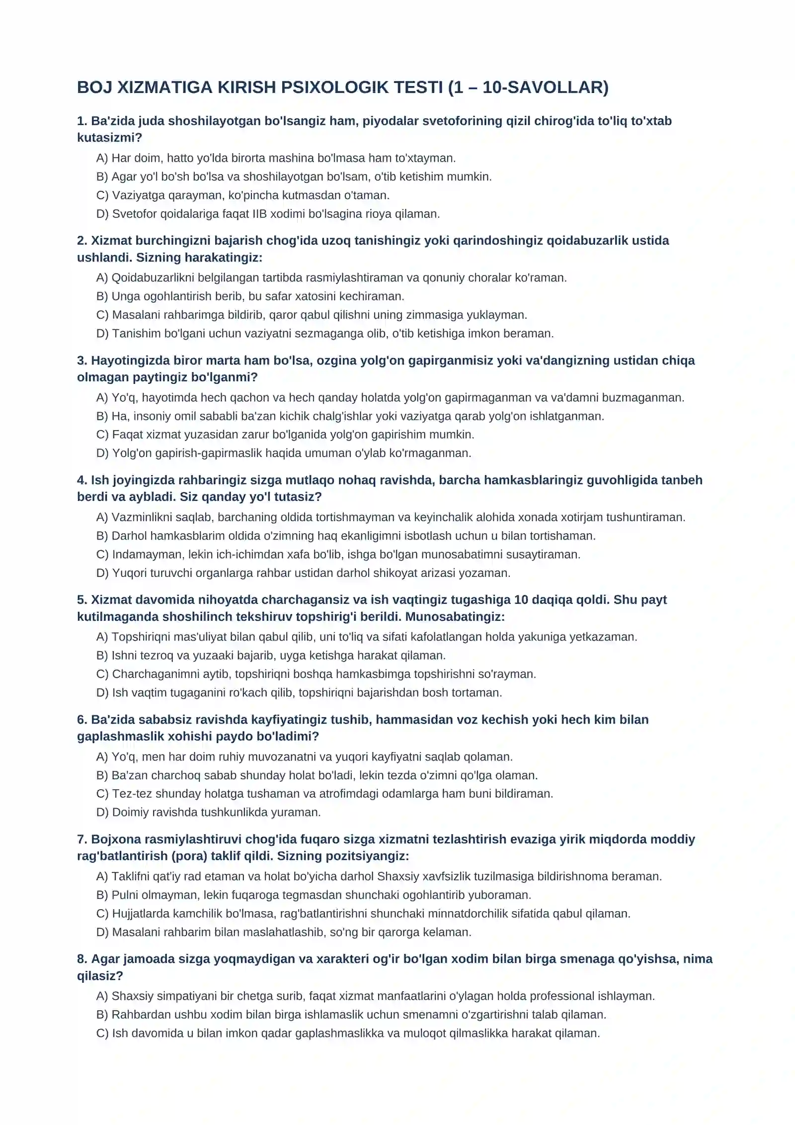 Bojxonaga Psixologik tayyorgarlik testi 2026 3
