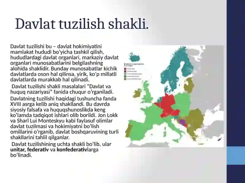 Davlatning ma’muriy-hududiy tuzilishi unitarizm, federalizm, konfederatsiya 3