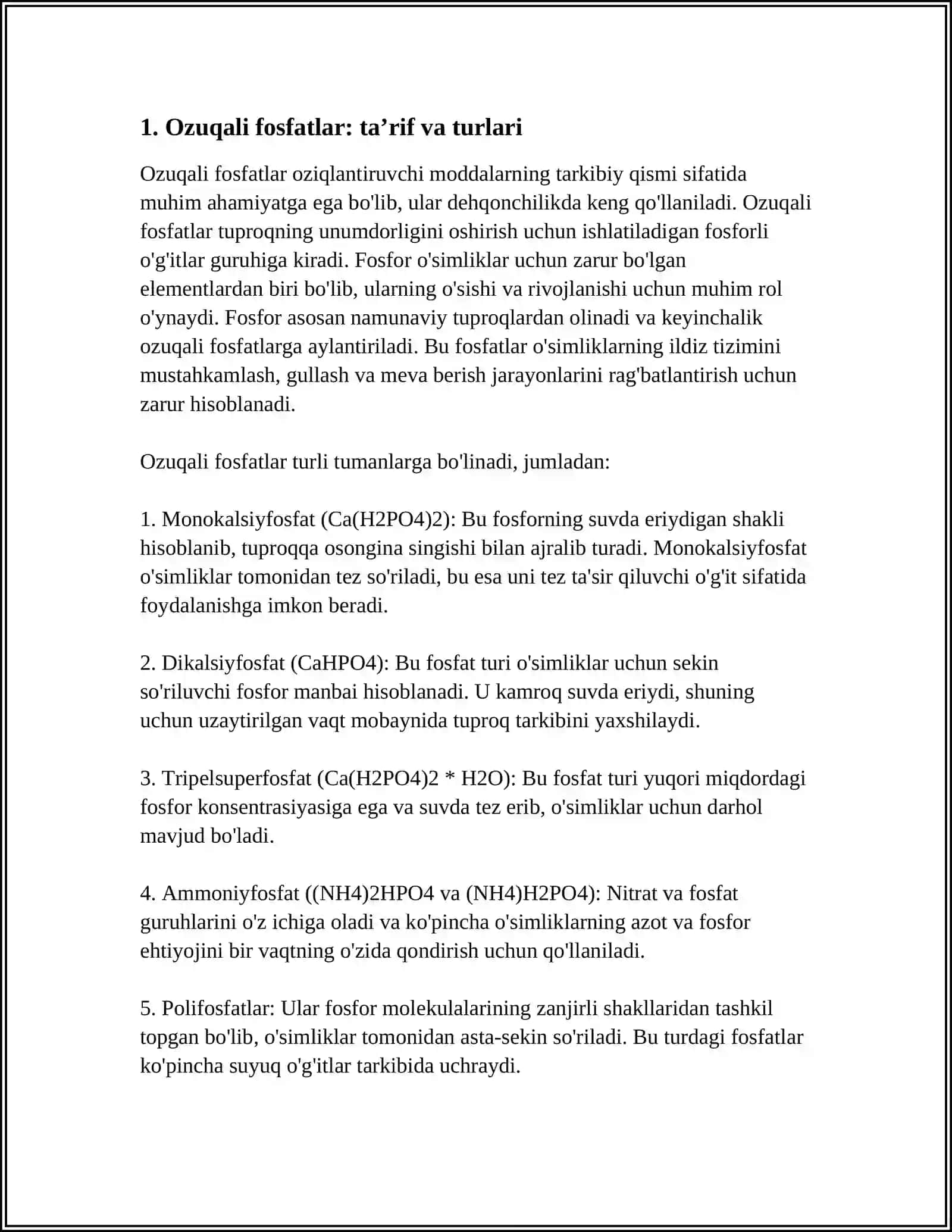 OZUQALI VA TERMIK FOSFATLAR. OZUQALI KALSIY FOSFATLAR. FTORSIZLANGAN FOSFATLAR 3
