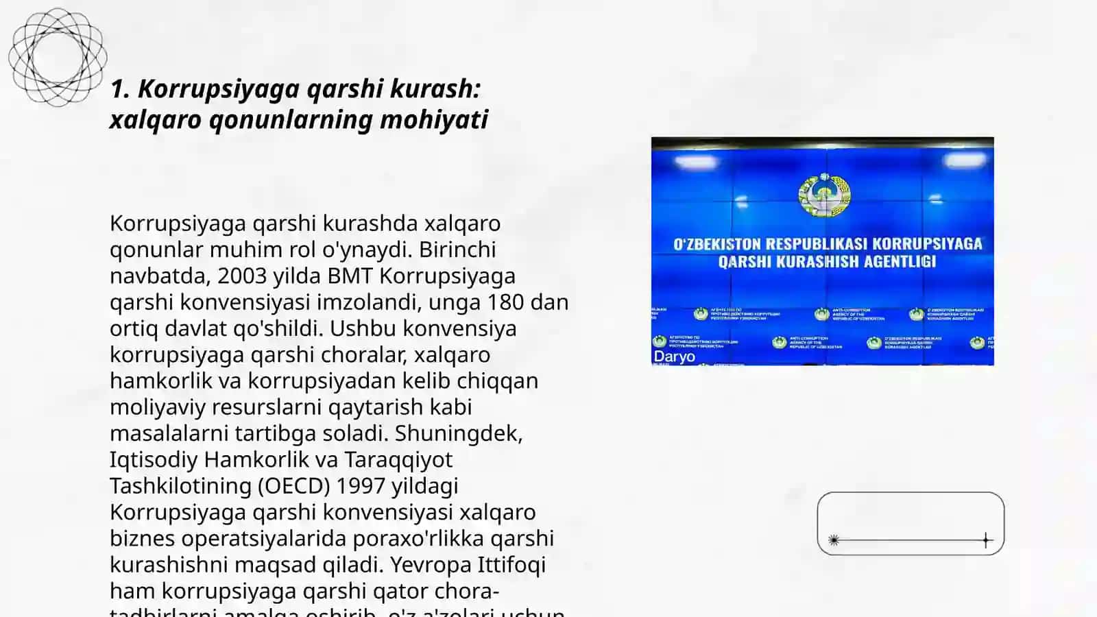 Korrupsiyaga qarshi kurash boʻyicha xalqaro qonunlar va qarorlarning Oʻzbekistonda ratifikatsiya qilinishining ahamiyati 3