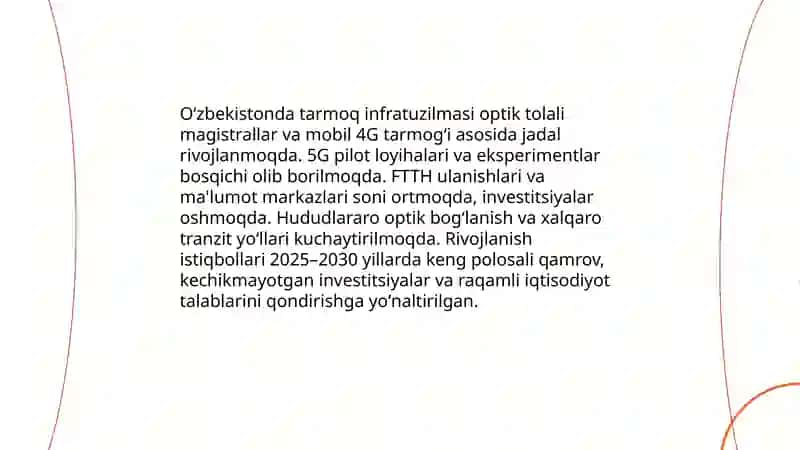 Oʻzbekistonda tarmoq texnologiyalarini rivojlanishi va iqtisodiyotdagi samaradorligi mavzusi boʻyicha tahliliy taqdimot (prezentatsiya) tayyorlash 3