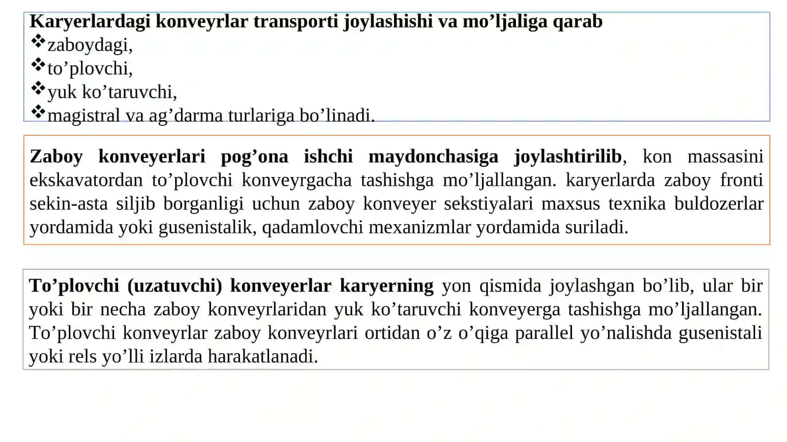 Tasmali konveyerlarning texnologik tavsifi, qo‘llanish sharoitlari va unumdorlig 3