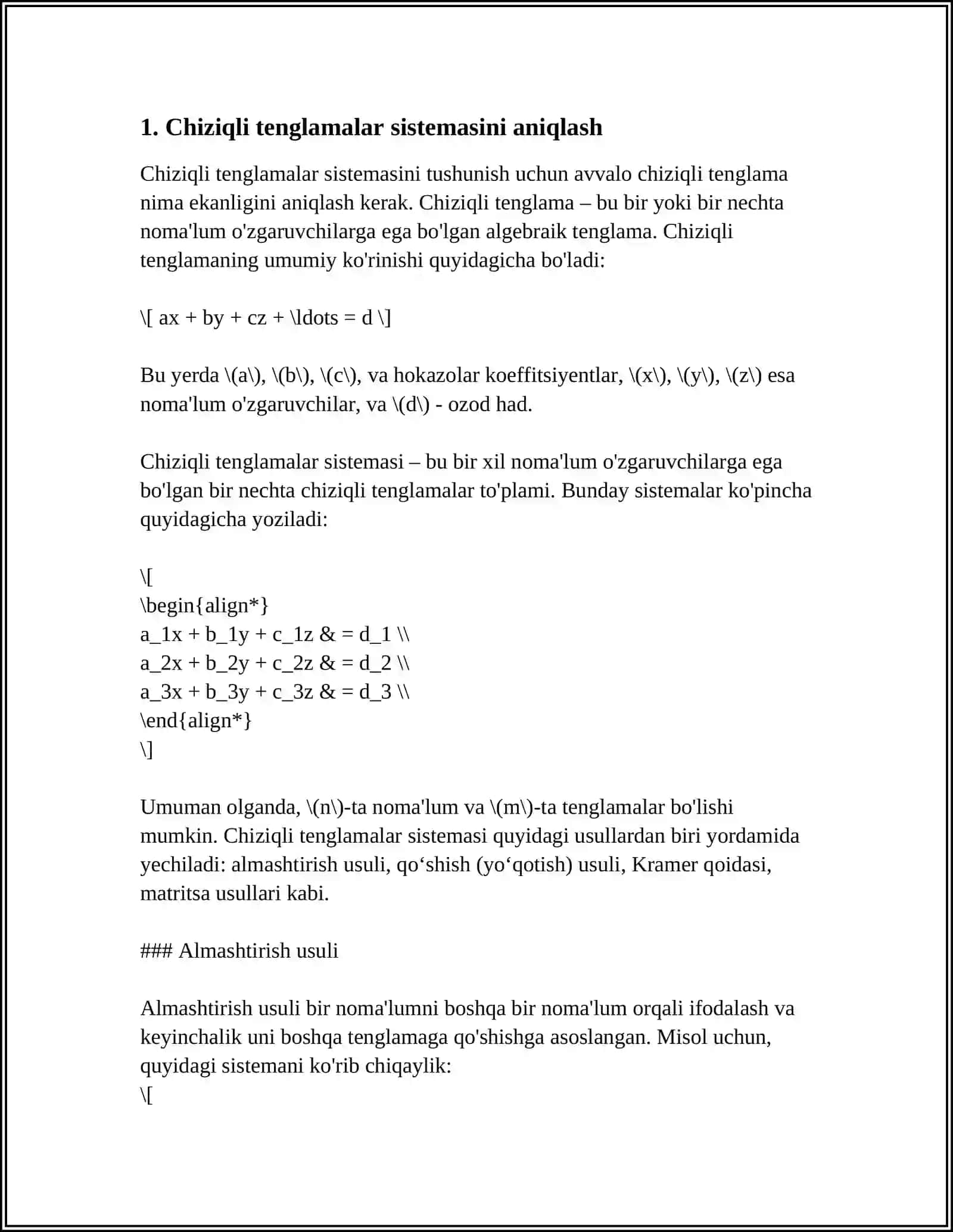 CHIZIQLI TENGLAMALAR SISTEMASI. KRAMER VA GAUSS USULLARI 3
