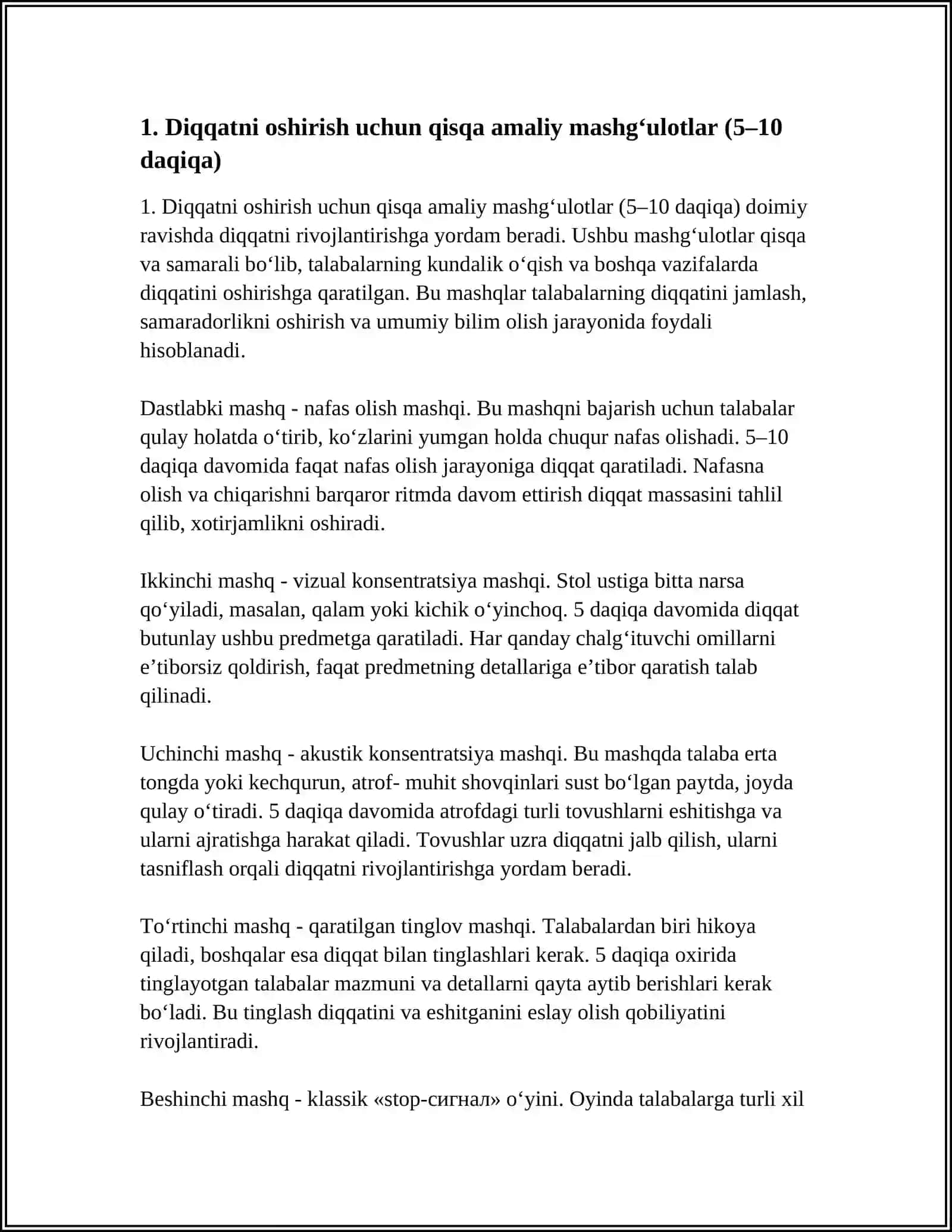 DIQQATNI RIVOJLANISHGA QARATILGAN AMALIY MASHG'ULOTLAR VA TALABALAR UCHUN XOTIRANI YAXSHILASH BO'YICHA QO'LLANMA 3