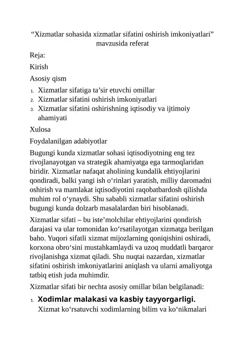 Xizmatlar sohasida xizmatlar sifatini oshirish imkoniyatlari 3