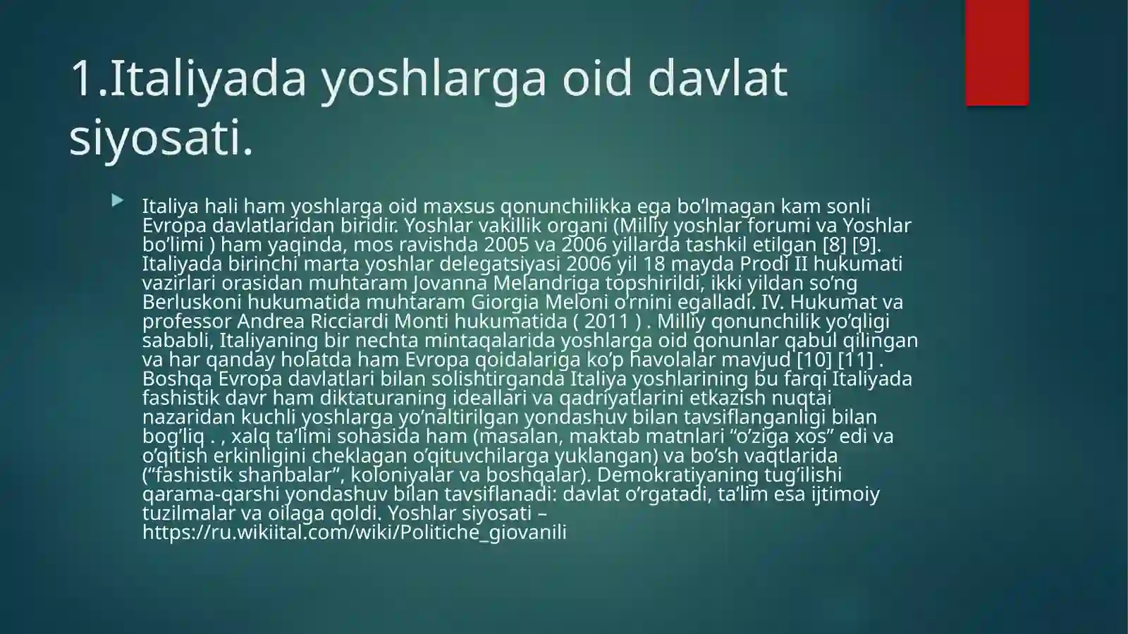 Italiyada yoshlarga oid davlat siyosati. 3