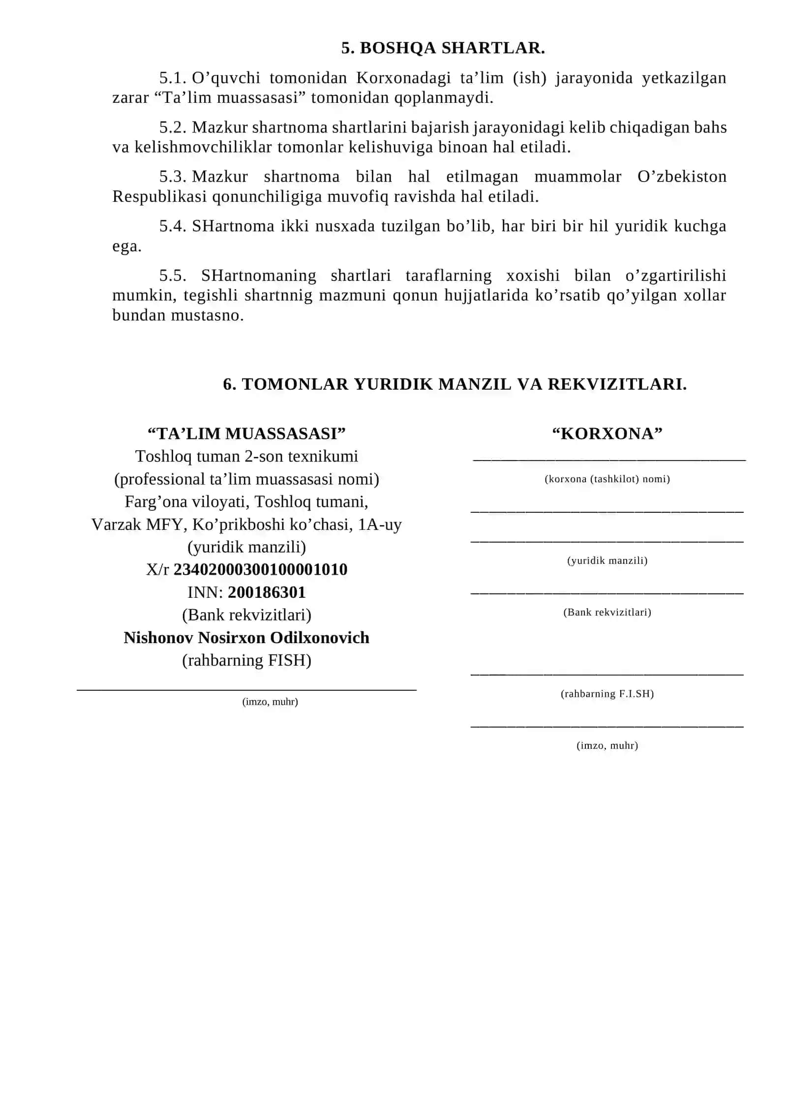 Dual ta’limni joriy etish bo’yicha korxona (tashkilot) va ta’lim muassasasi o’rtasidagi SHARTNOMA 3