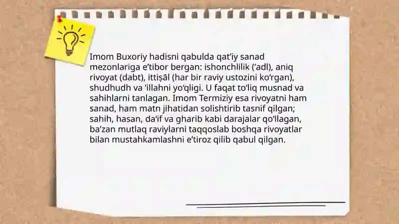 "Imom Buxoriy va Imom Termiziyning hadis ilmiga qoʻshgan hissalarini qiyosiy tahlili" 3