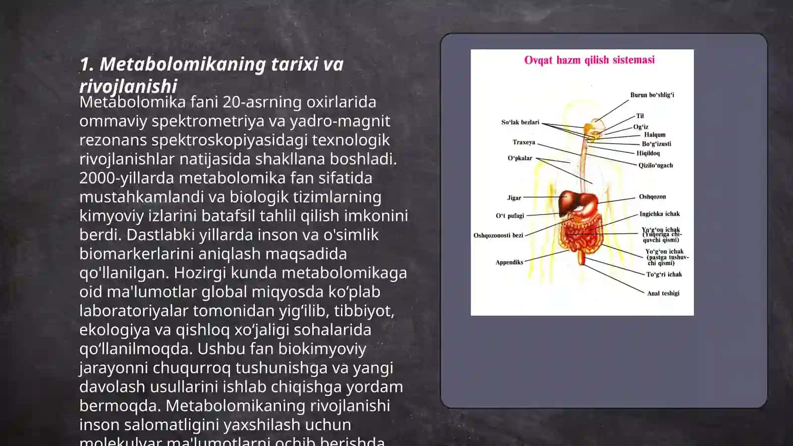 Metabolomika (tirik hujayralarda sodir bo'ladigan jarayonlarga xos noyob kimyoviy "barmoq izlari" ni tizimli o'rganish) 3