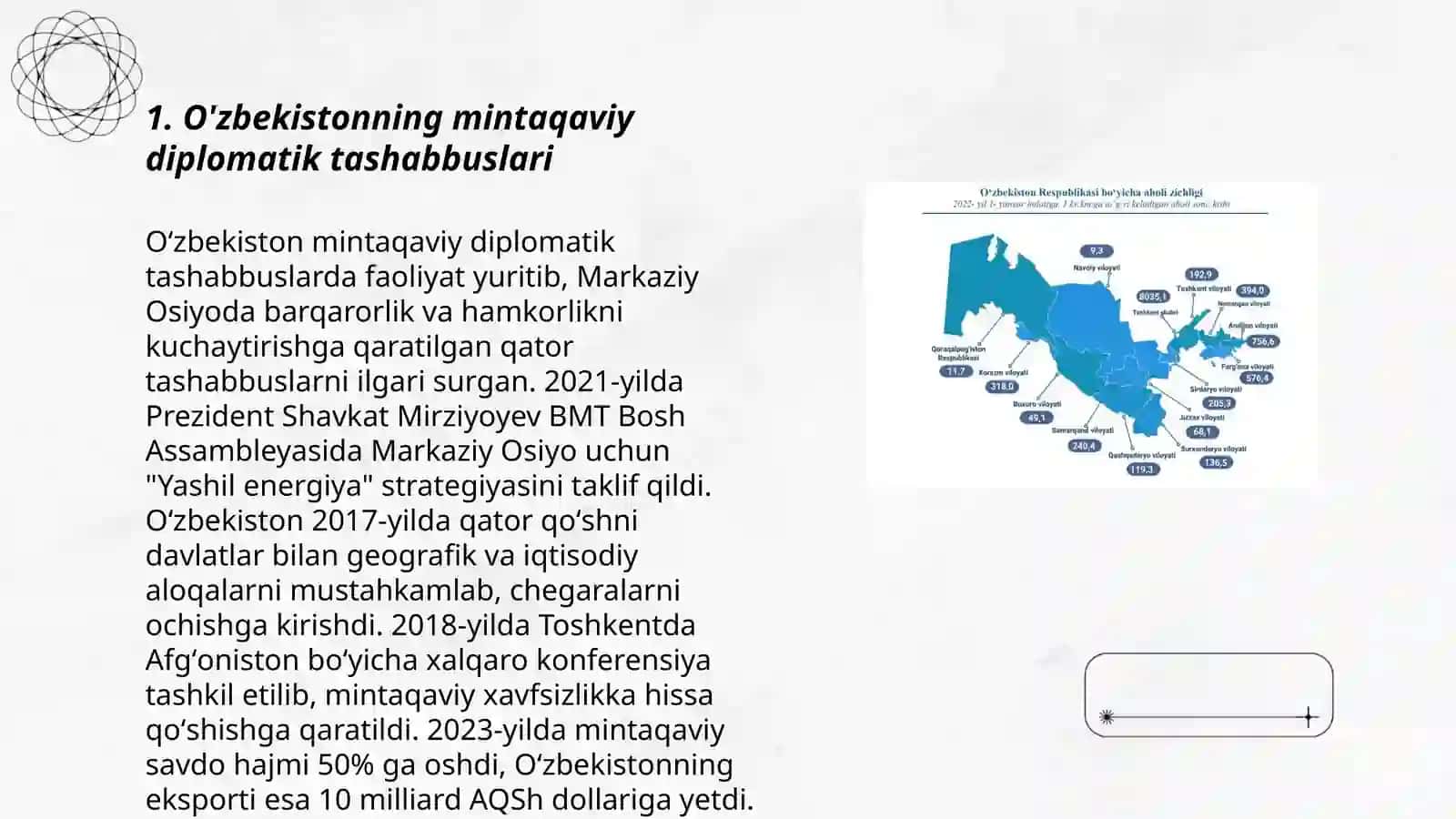 O'zbekistonning Markaziy Osiyoda tinchlik va barqarorlikni ta'minlashdagi o'rni mavzusida 3