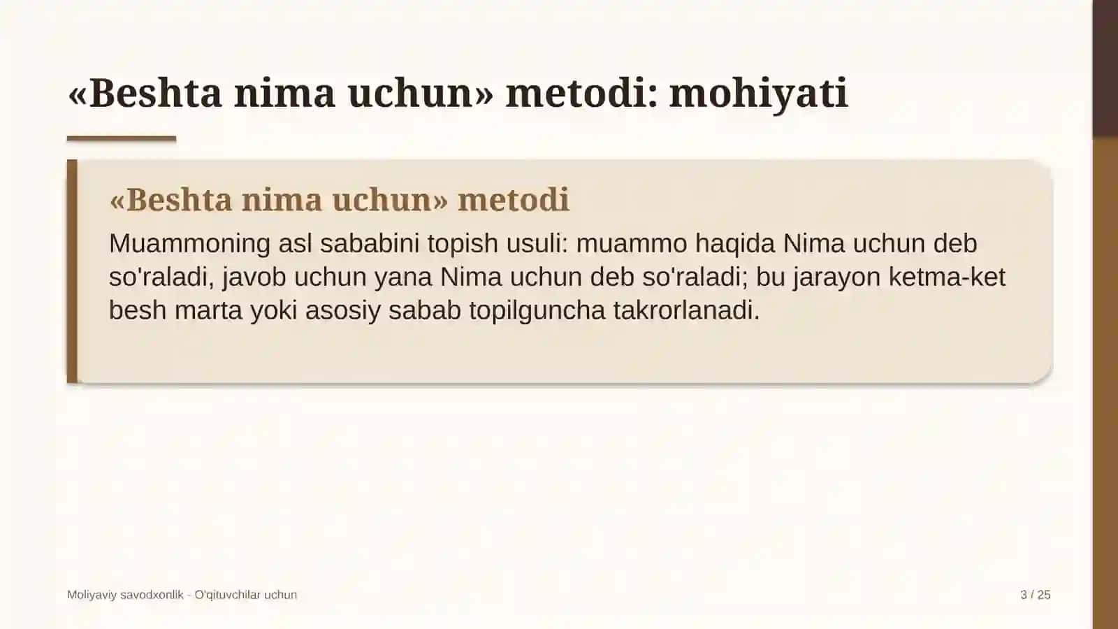 moliyaviy savodxonlik darslarida beshta nima uchun metodidan foydalanish 3447 3