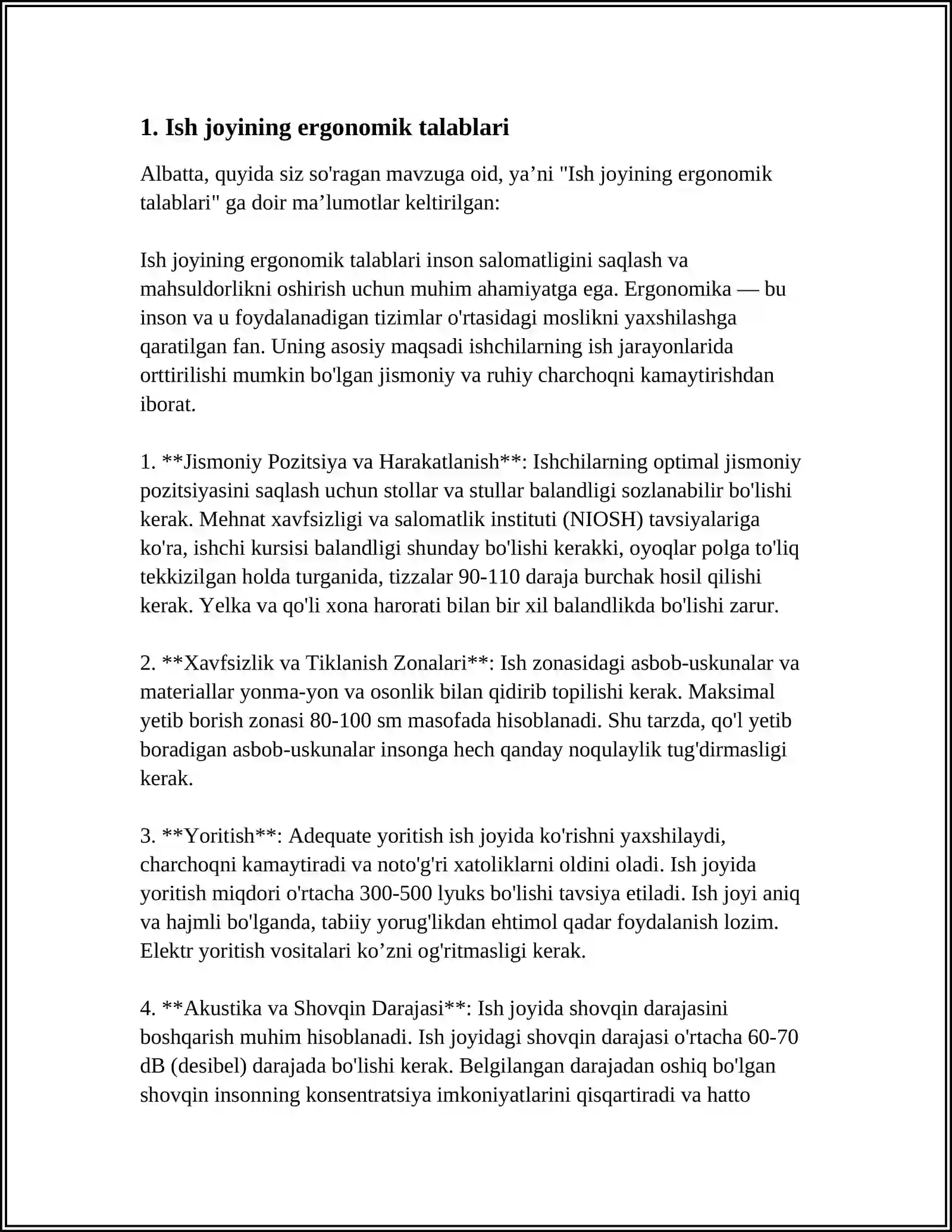ERGONOMIKA.OPERATORNING JOYIGA QO‘YILGAN TALABLAR 3