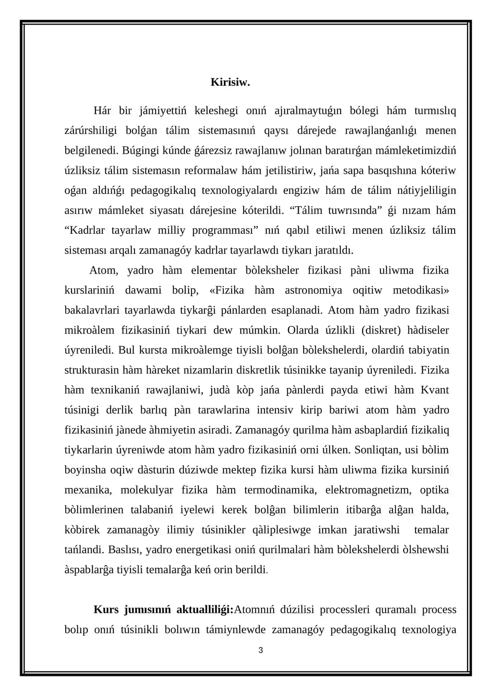 Fizika hám astronomiya oqıtıw metodikası qánigeligi 3A-kurs studenti Umarova Umidanıń 3