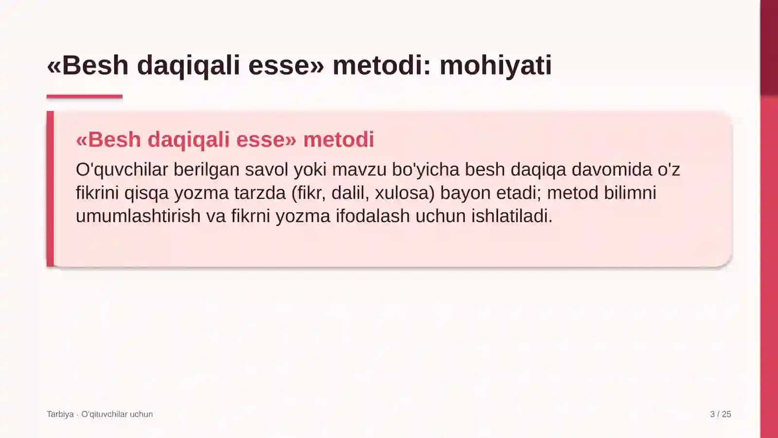 tarbiya darslarida besh daqiqali esse metodidan foydalanish 8998 3
