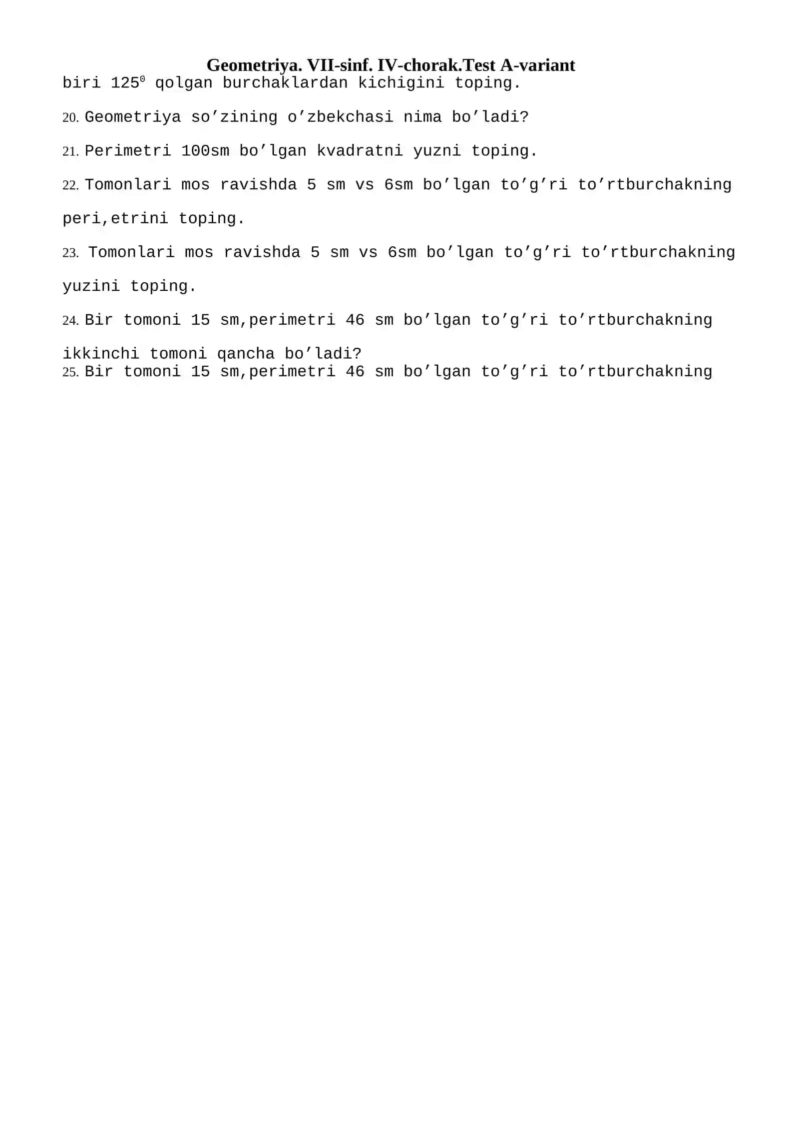 Geometriya. 7-sinf. Test 3