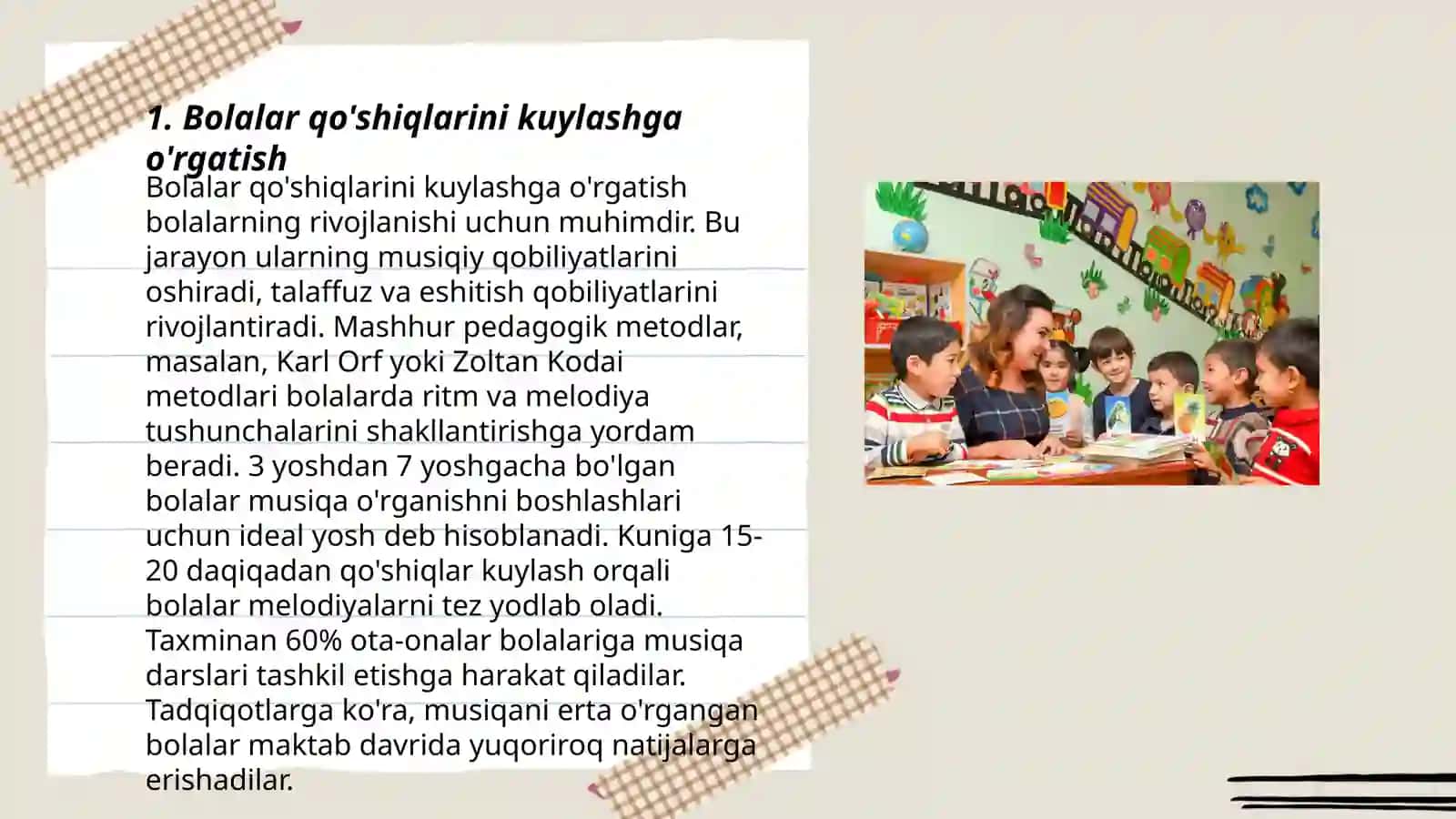 Bolalarni ashula aytish, musiqa tinglash va musiqaviy-ritmik harakatlarni o‘rgatish 3