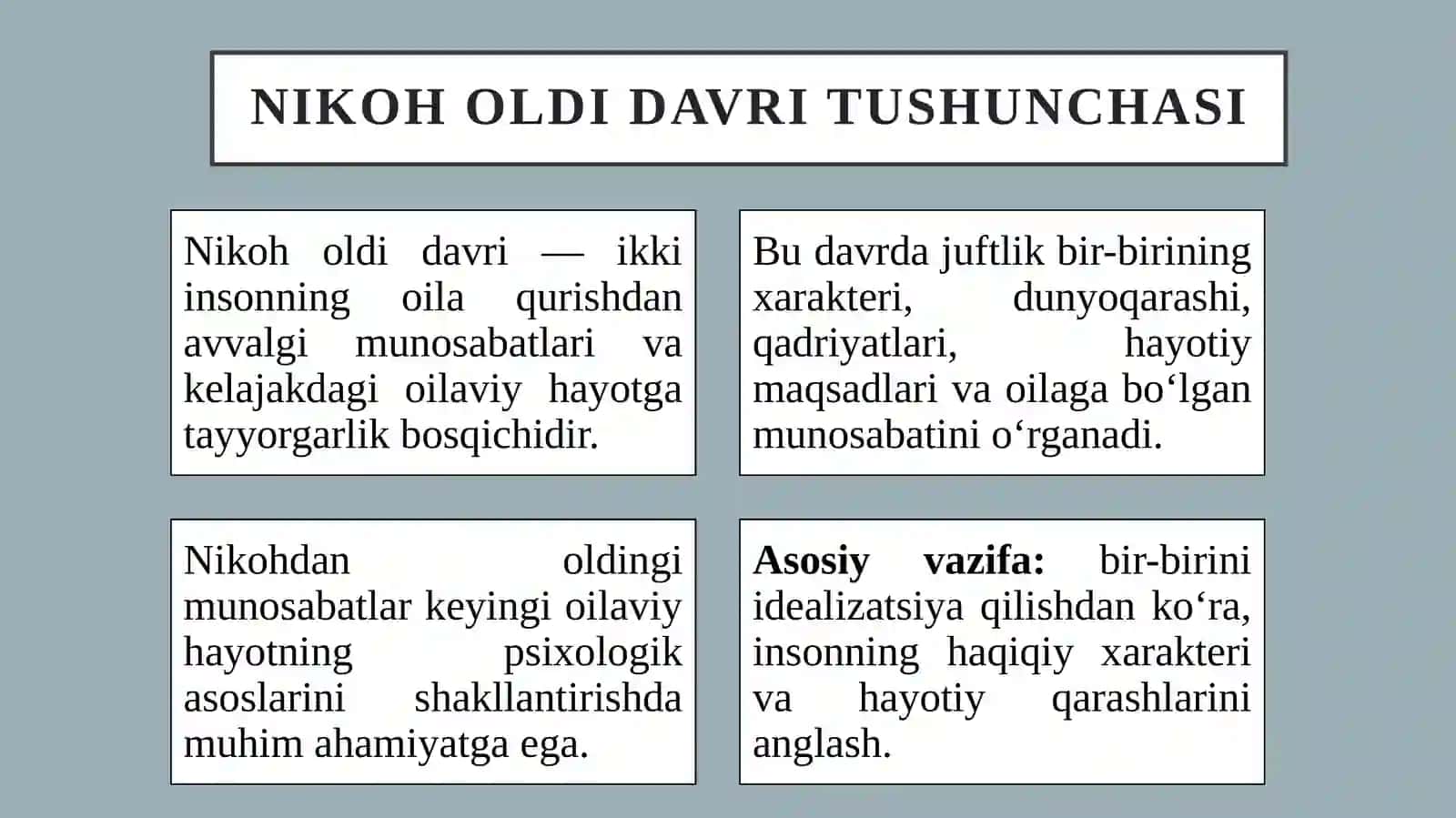 Er-xotin munosabatlarida nikoh oldi omillar, juftlikning moslashuvi va oilaviy qoniqish darajasini psixodiagnostik baholash. Muhabbat psixologiyasi 3