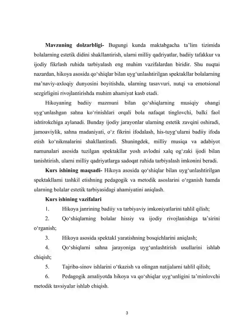 Hikoya asosida qo’shiqlar bilan uyg’unlashtirilgan spektakl. 3