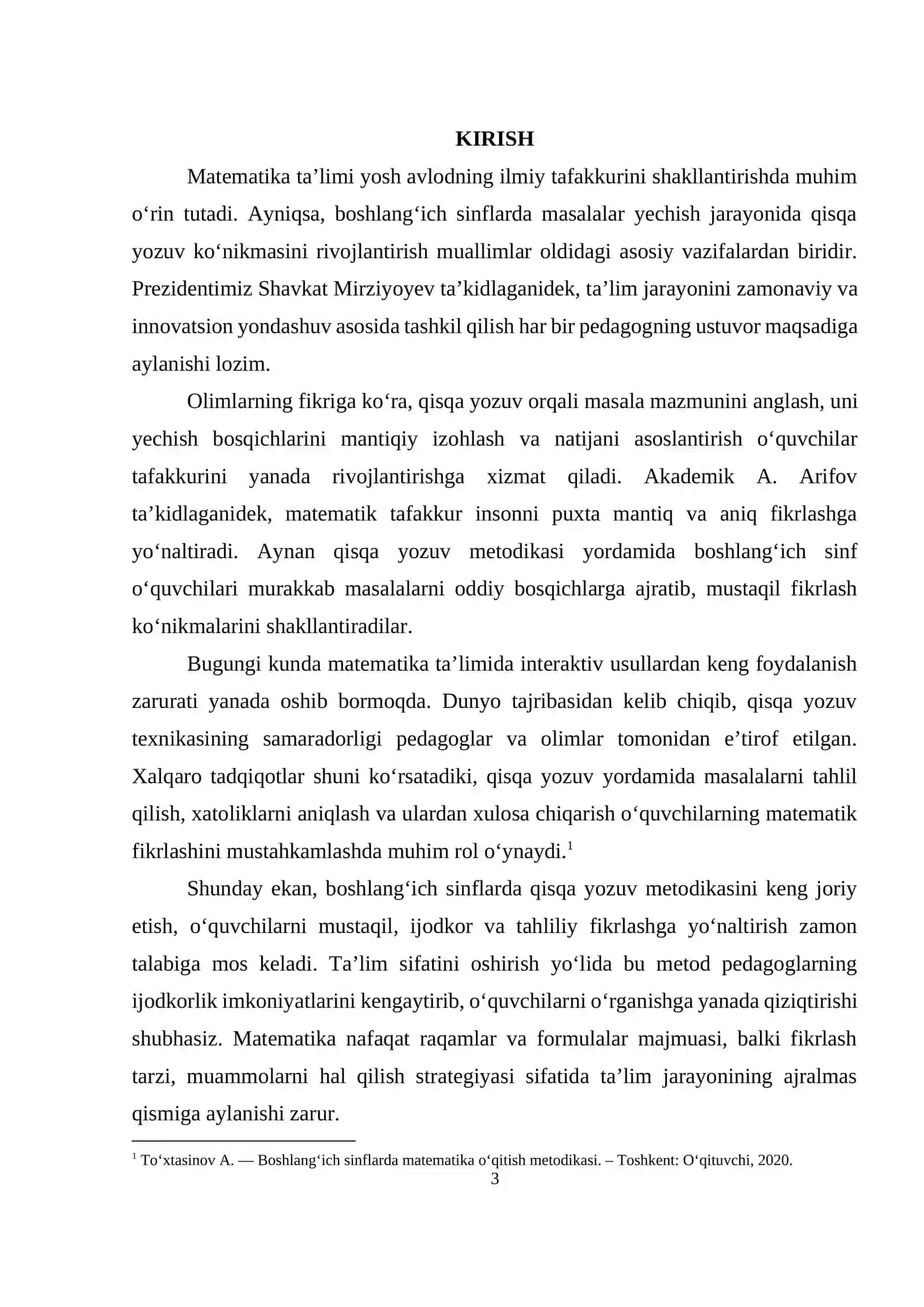Boşlang‘ich 3-4-sinflarda matematikadan masalalar yechishda qisqa yozuv koʻnikmasini shakllantirish metodikasi 3