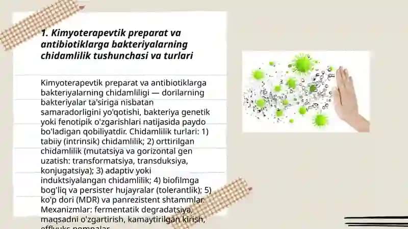 Kimyoterapevtik preparatlar va antibiotiklarga bakteriyalarning chidamlilik tushunchasi va turlari 3