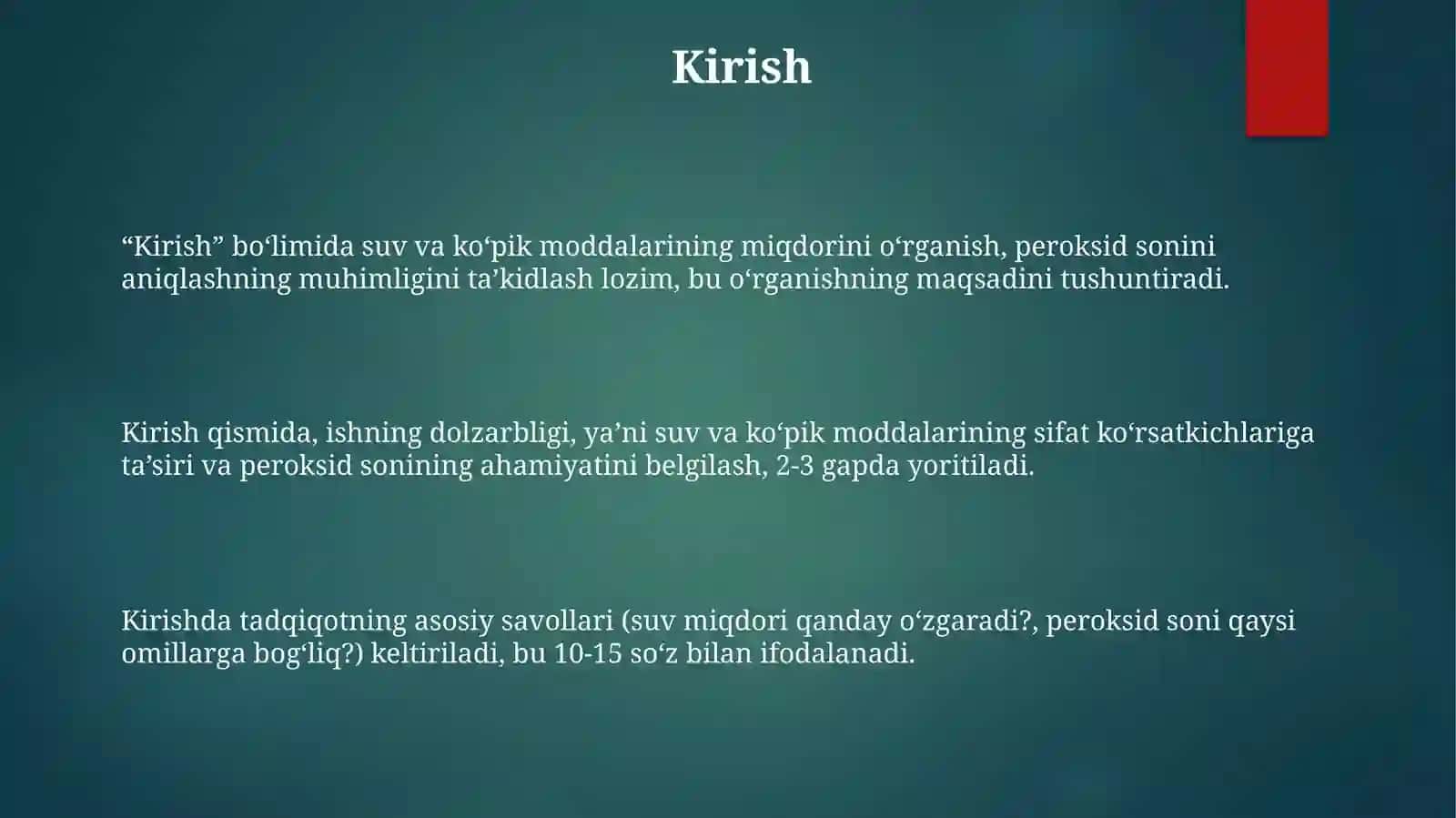 Suv va ko’pik moddalar miqdorini o’rganishtarkibidagi perekis sonini aniqlash 3