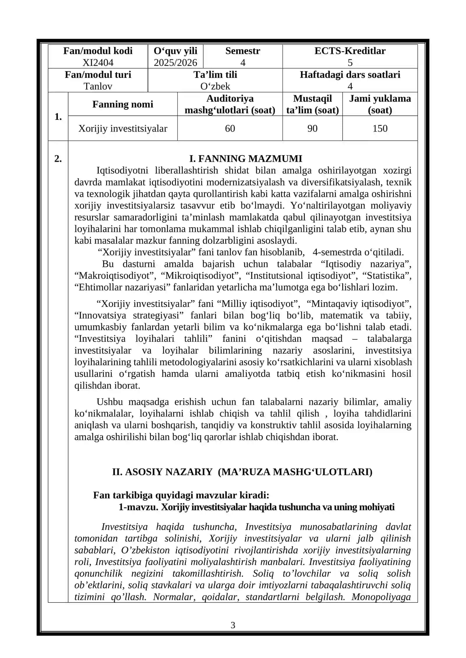 XORIJIY INVESTITSIYALAR 3
