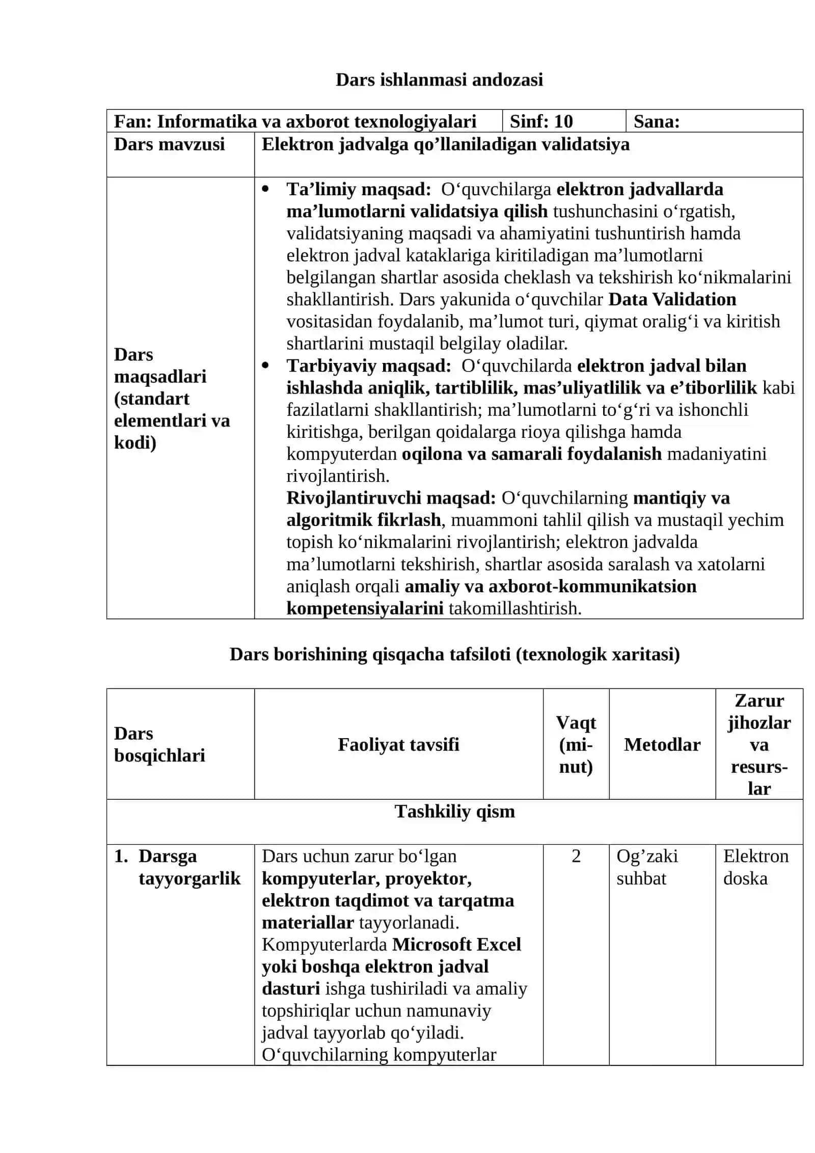 Elektron jadvalga qo’llaniladigan validatsiya 3