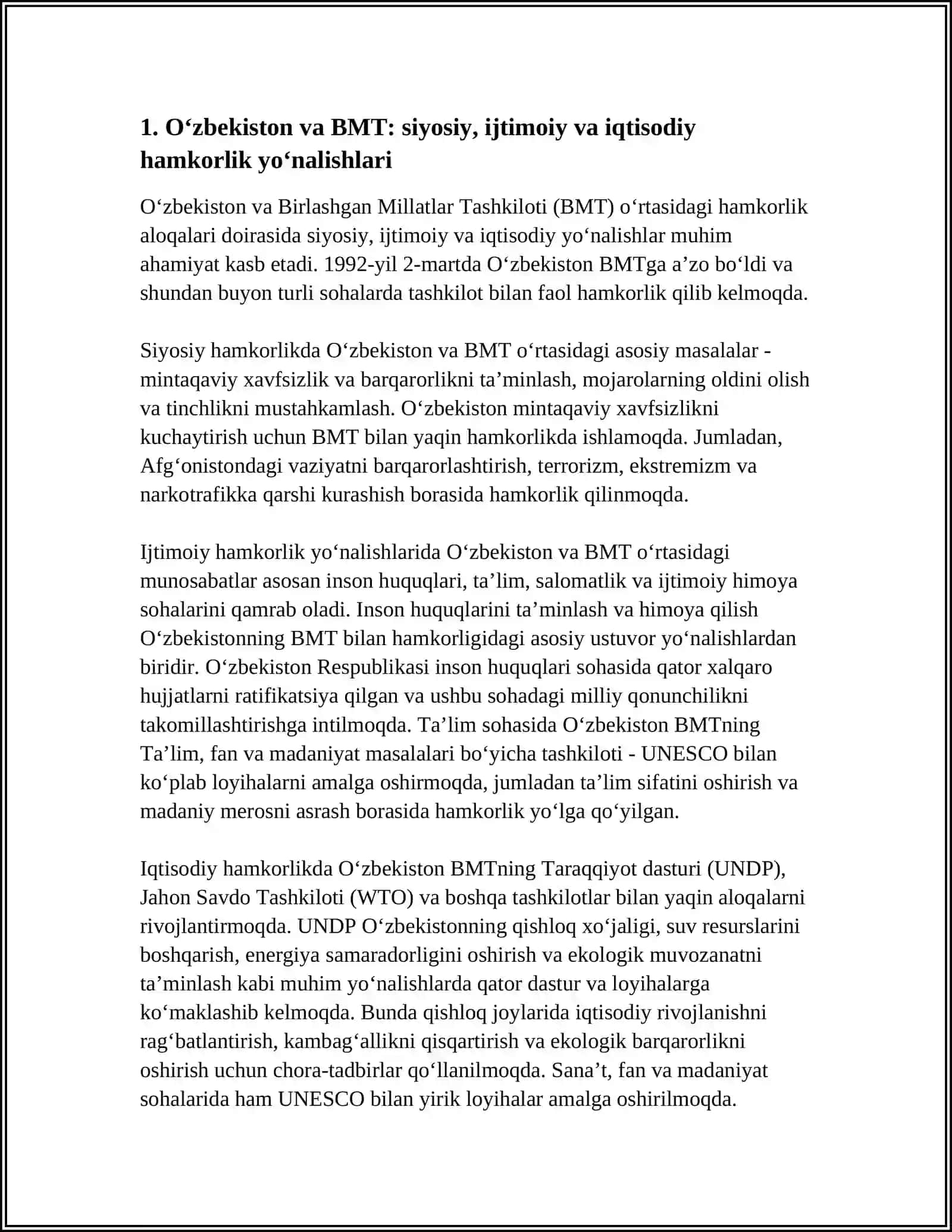O‘zbekistonning Xalqaro Tashkilotlar Bilan Hamkorlik Aloqalari 3