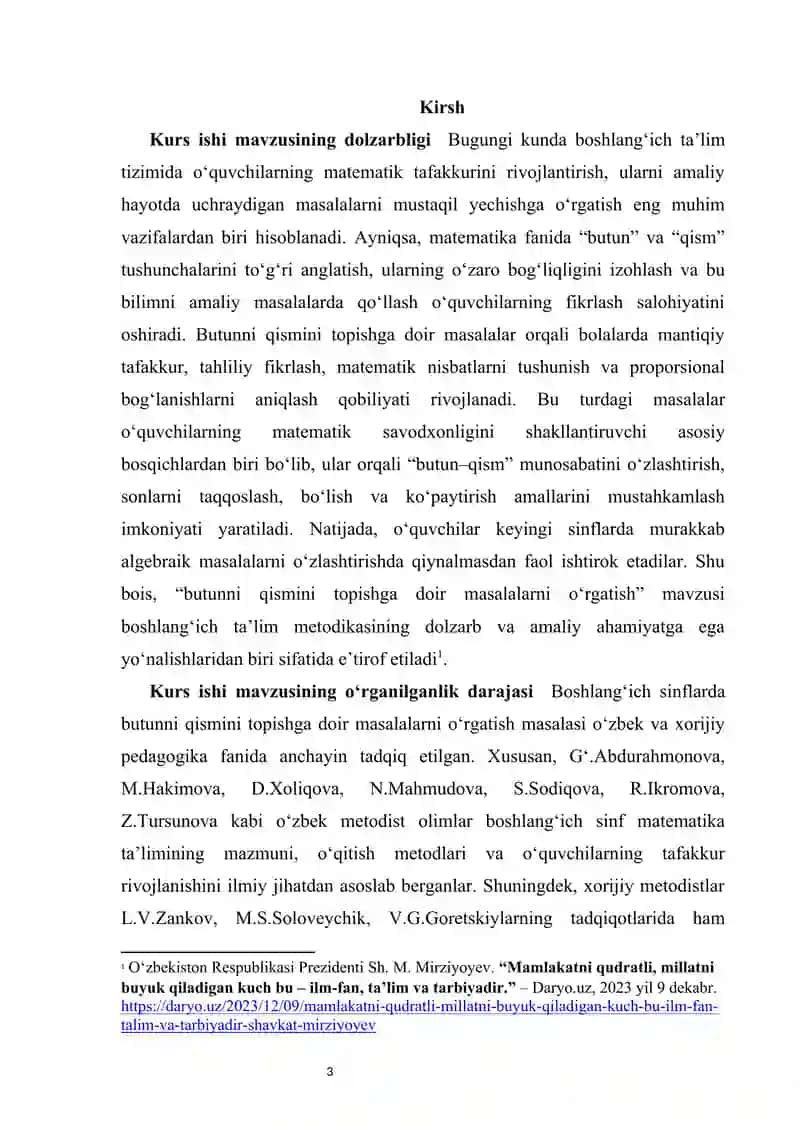 O‘quvchilarni boshlang‘ich sinflarda butunni qismini topishga doir masalalar yechishga o‘rgatish kurs ishi 3