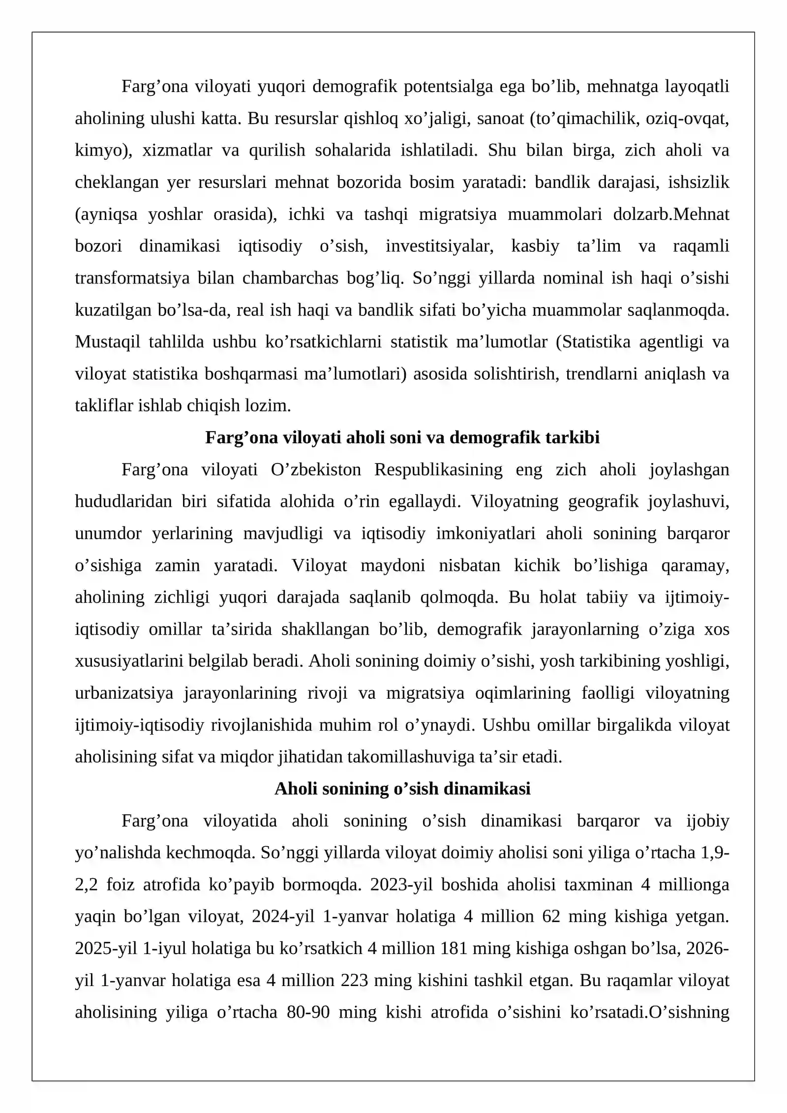 Farg’ona viloyati aholi soni va tarkibi, mehnat resurslari, mehnat bozori dinamikasini mustaqil o’rganish va statistik tahlil etish 3