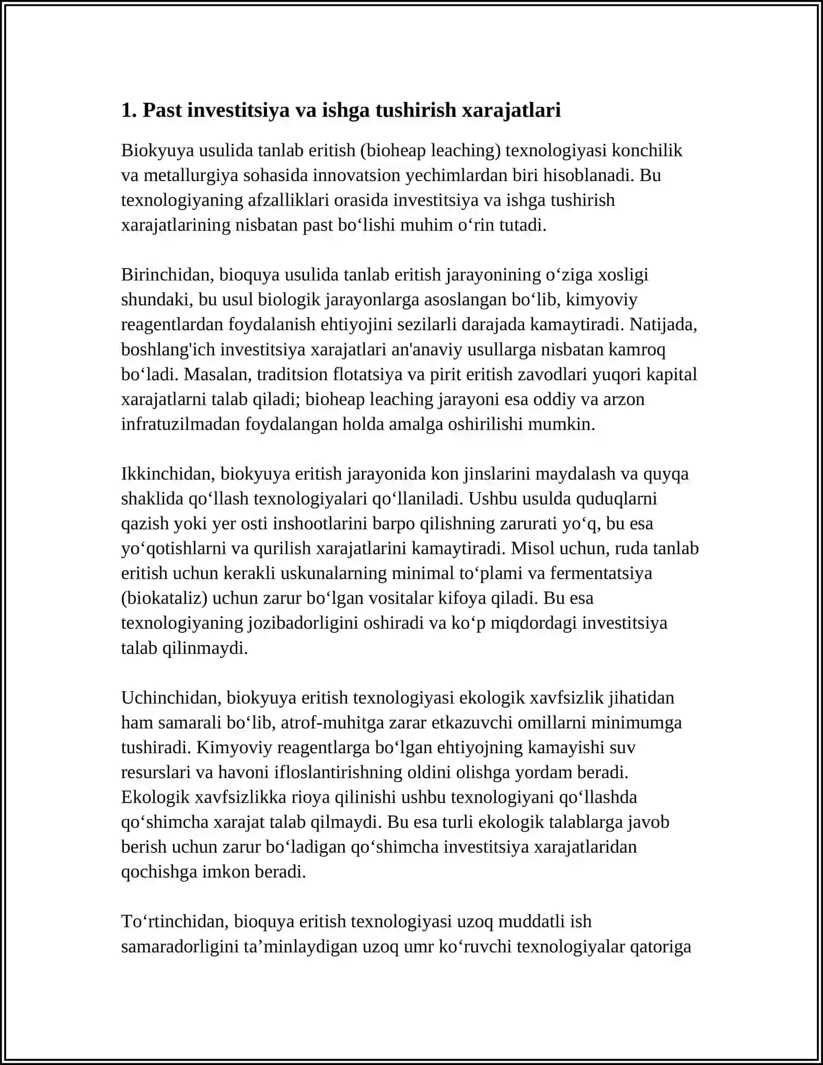 BIOQUYQA USULIDA TANLAB ERITISH (BIOHEAP LEACHING) TEXNOLOGIYASINING AFZALLIKLARI 3